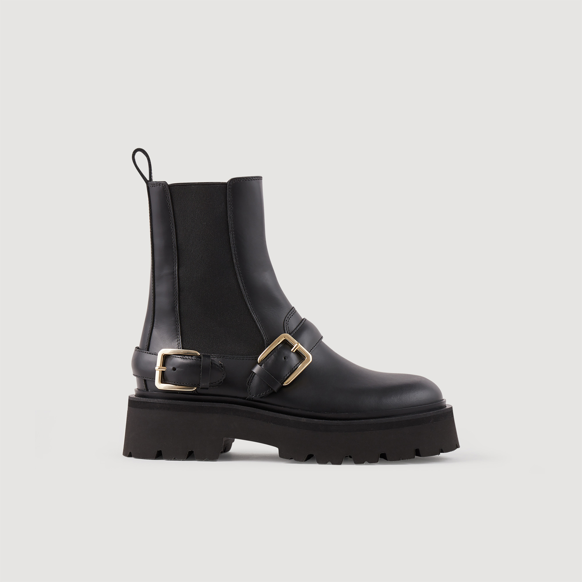 Sandro ethylene vinyl acetate Accessories: pig Leather: Leather, biker-style ankle boots with round toes, chunky platform soles, elasticated panels at the sides and trimmed with straps with metal buckles