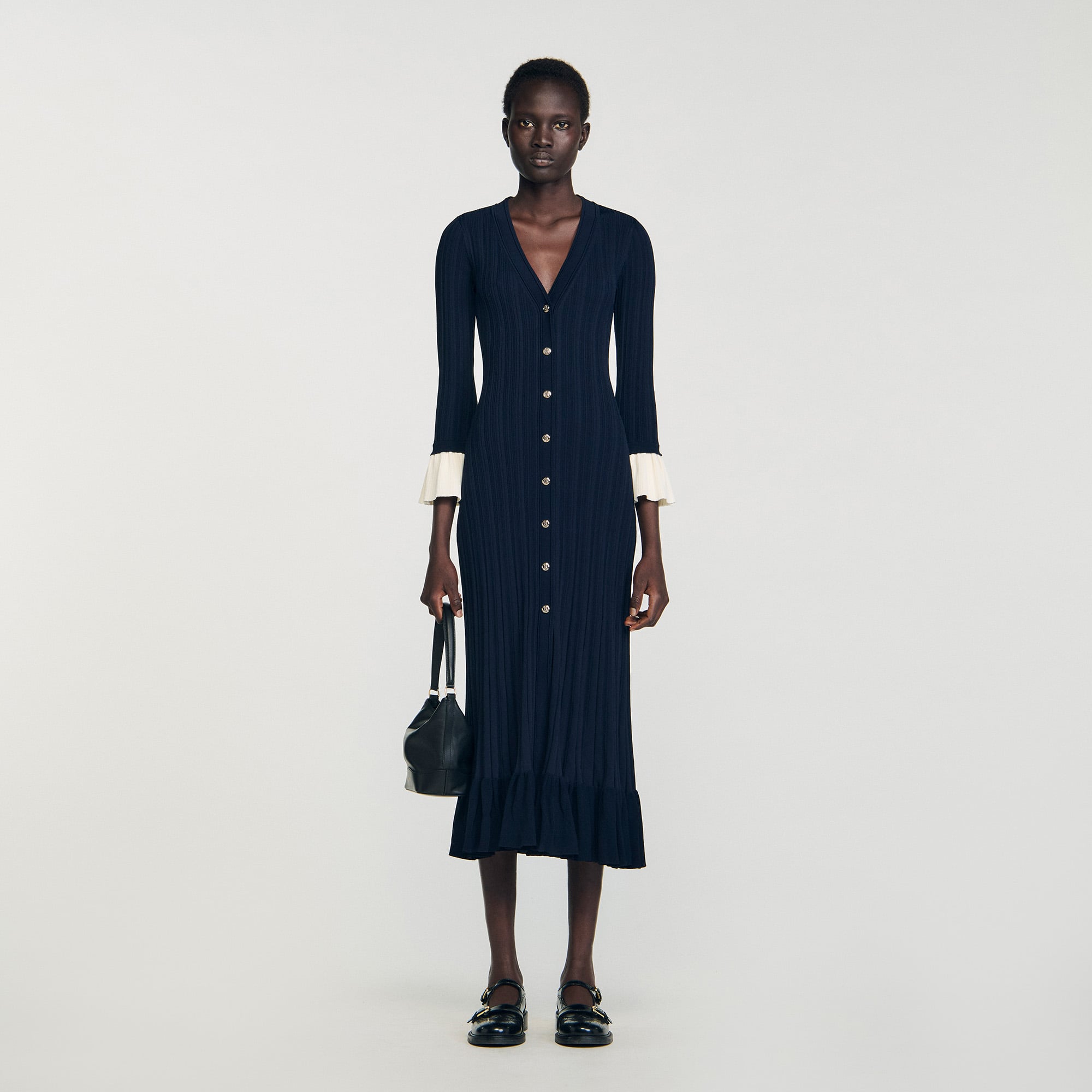 Two-tone knit midi dress in Navy Blue for Women | Sandro Paris