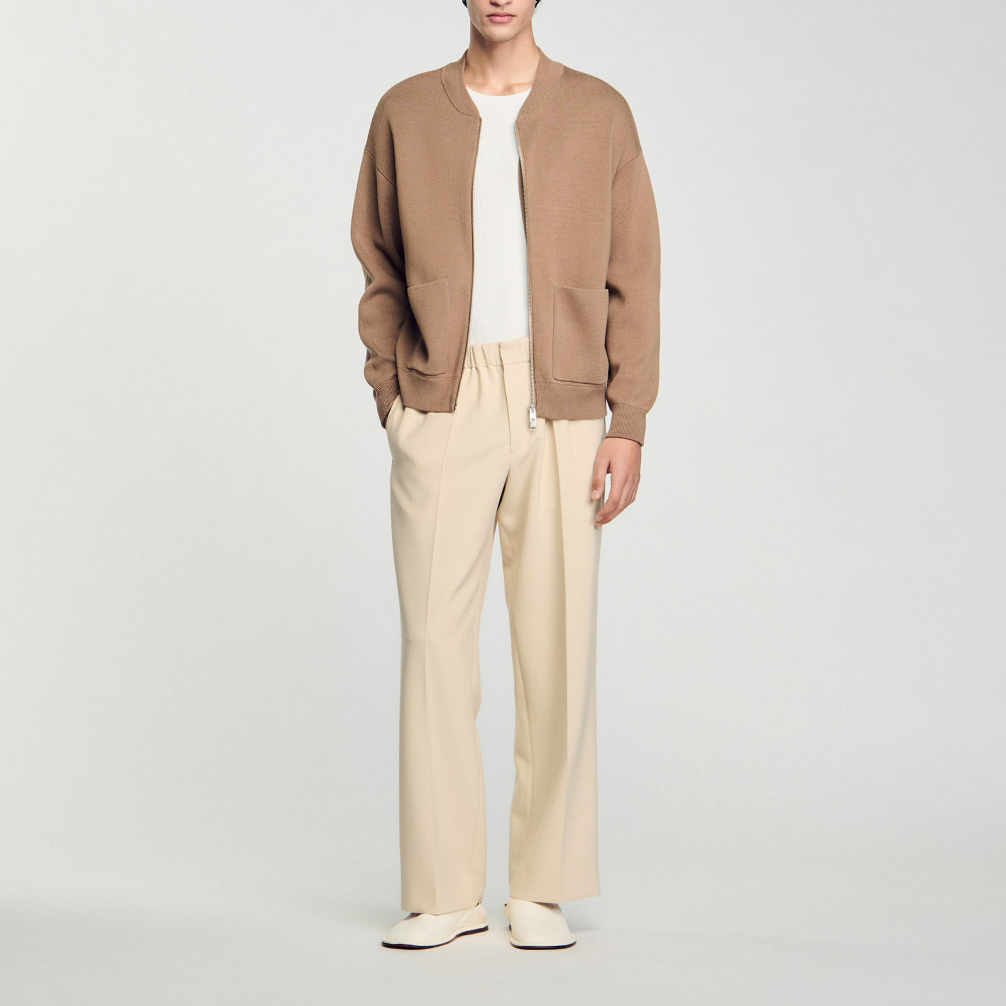 Sandro cotton Varsity jacket in knit fabric with zip fastening, mock neck, long sleeves and ribbed trim
