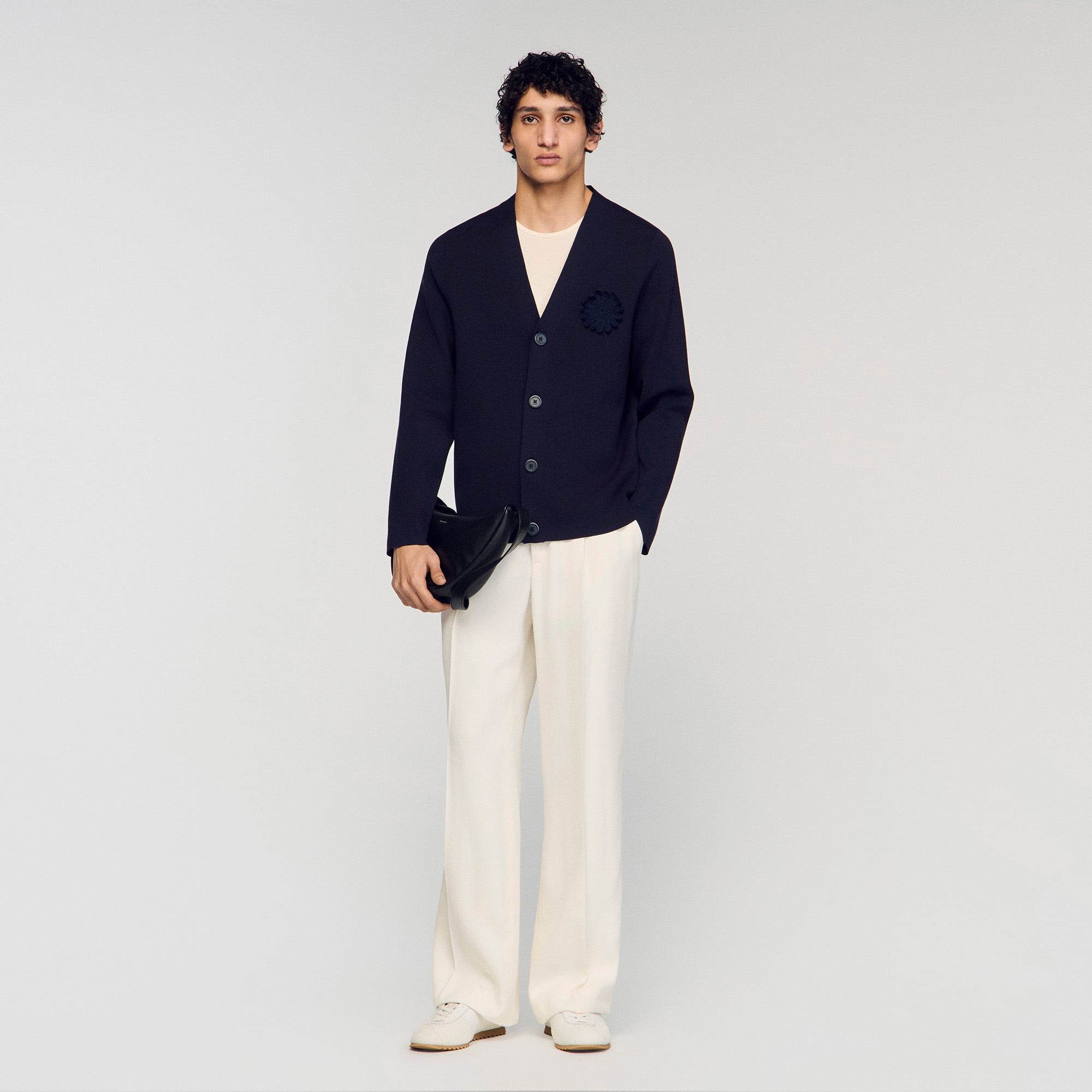 Sandro viscose Long-sleeved cardigan decorated with a hand-embroidered crochet flower