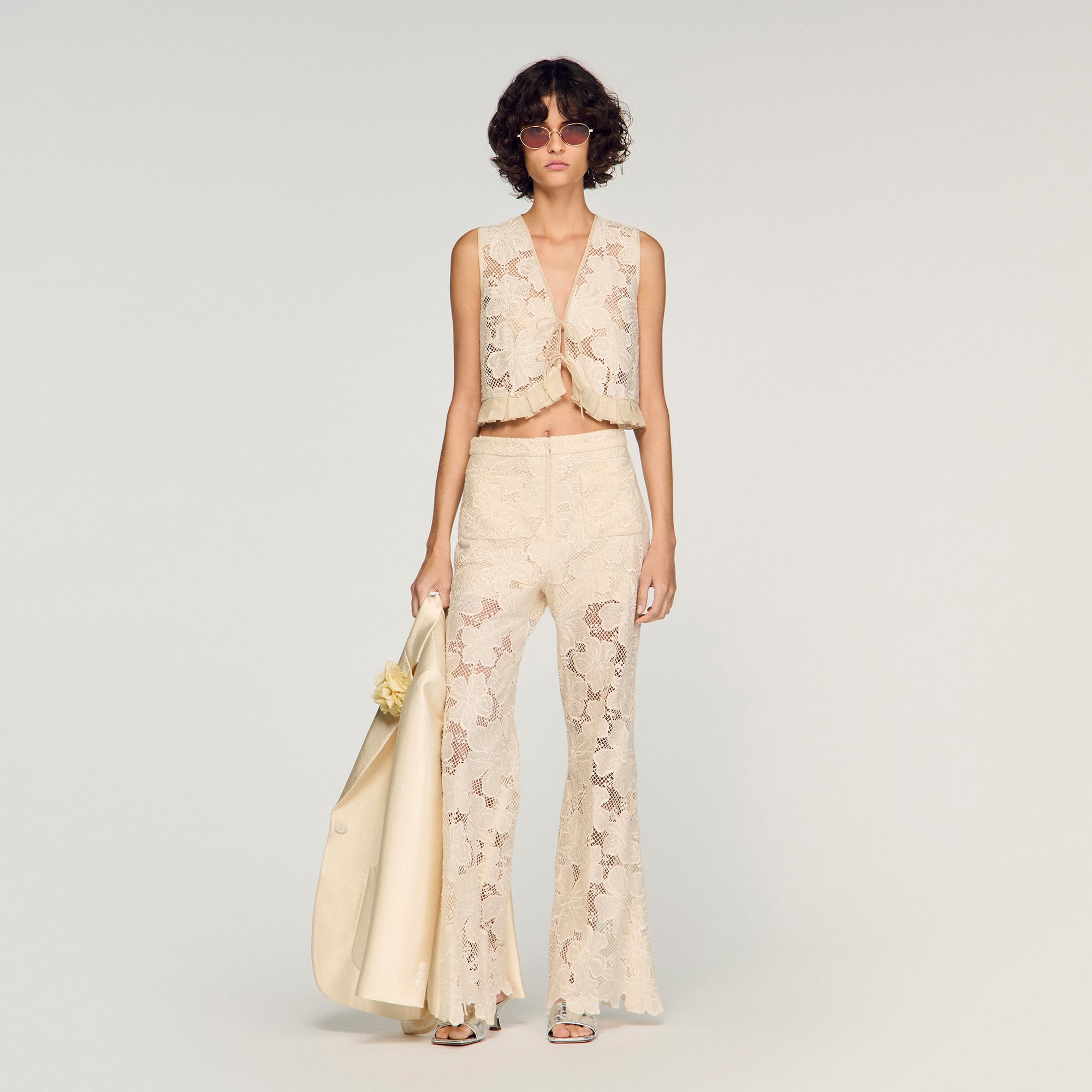 Guipure lace crop top in Ecru for Women | Sandro Paris