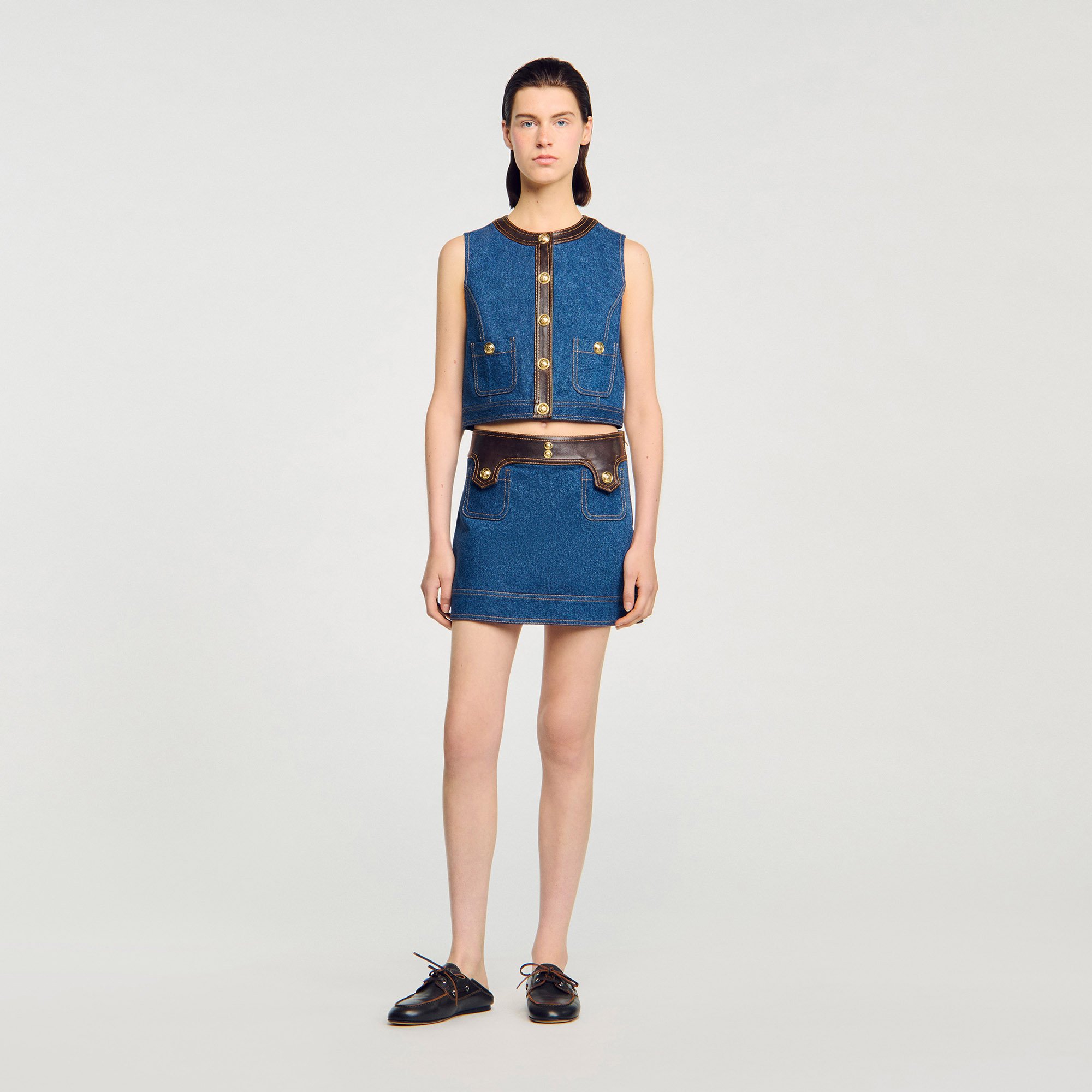 Denim and leather top