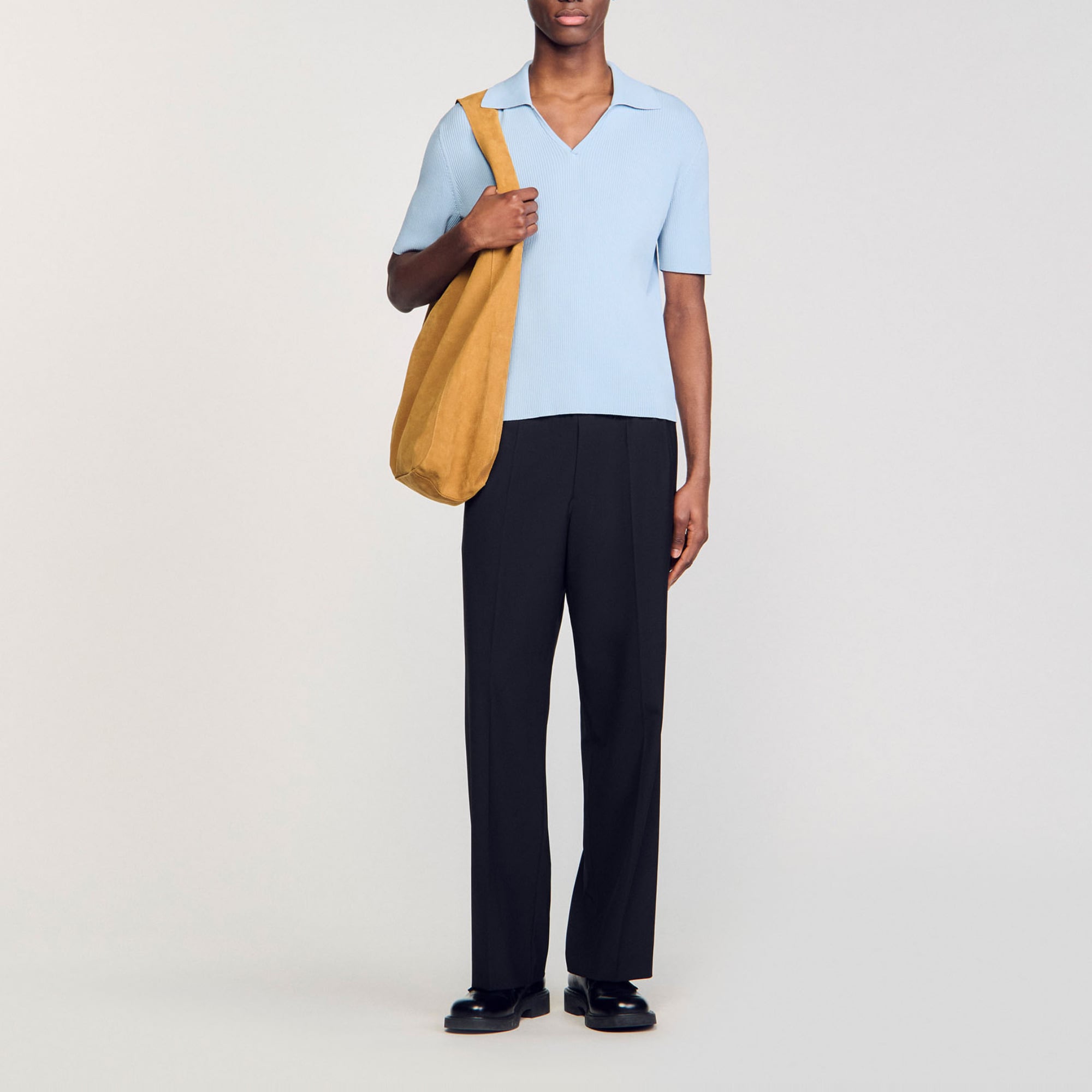 Sandro viscose Rib-knit polo shirt with lapel collar and short sleeves