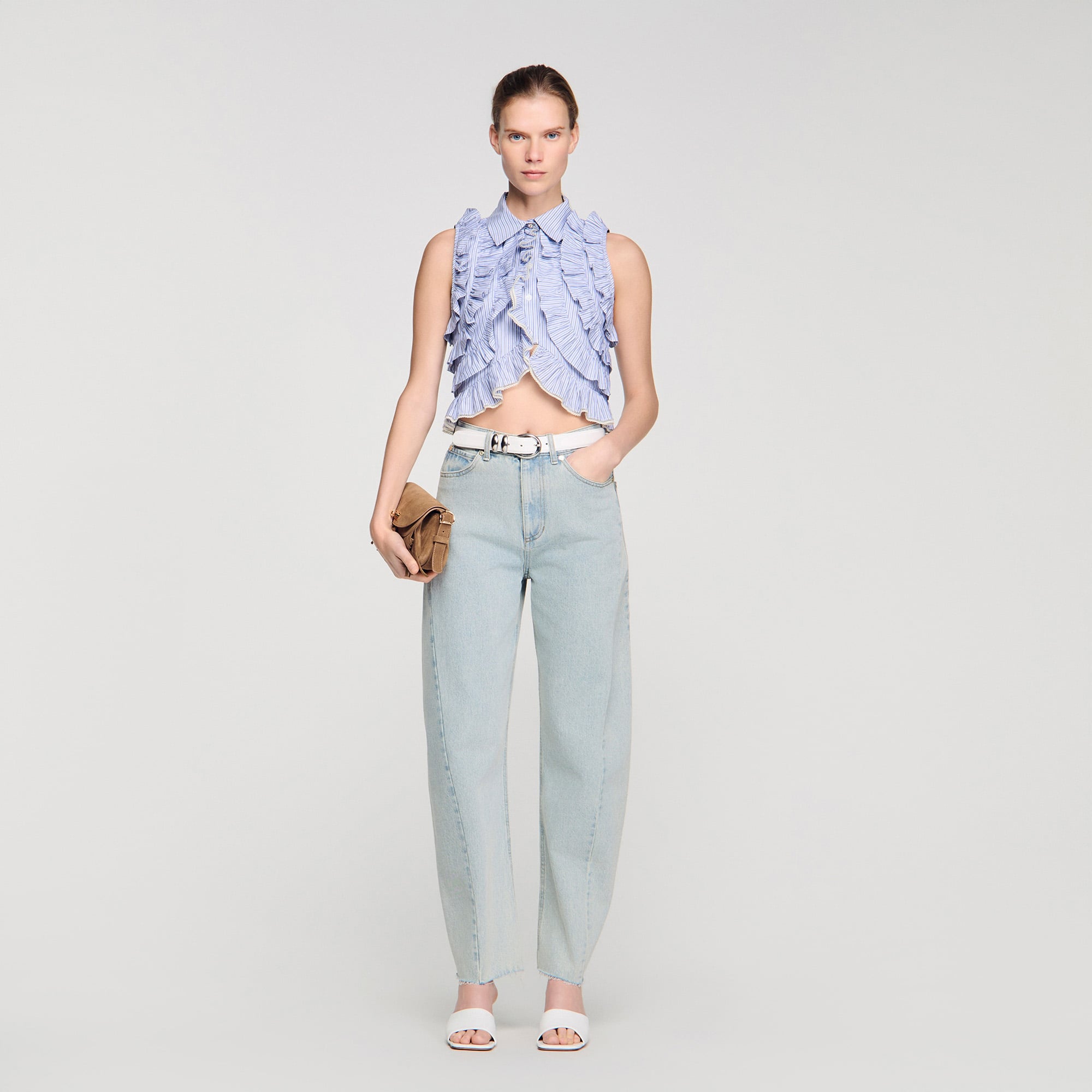 Ruffled striped shirt in Bleu / Marine for Women | Sandro Paris