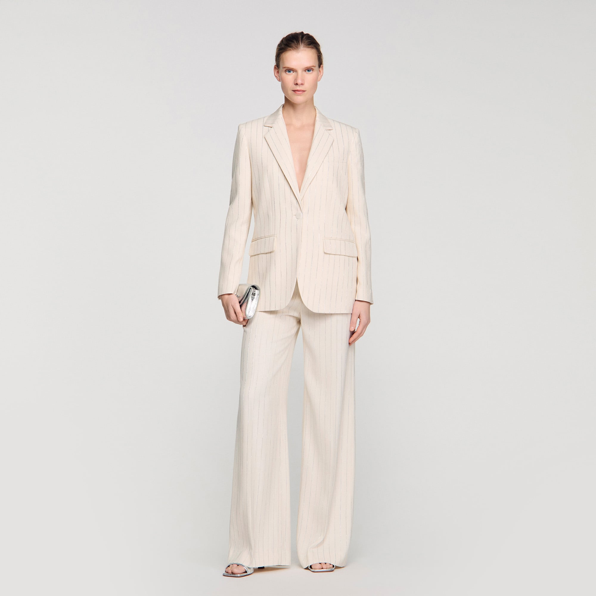 Striped tailored jacket in Ecru / Silver for Women | Sandro Paris