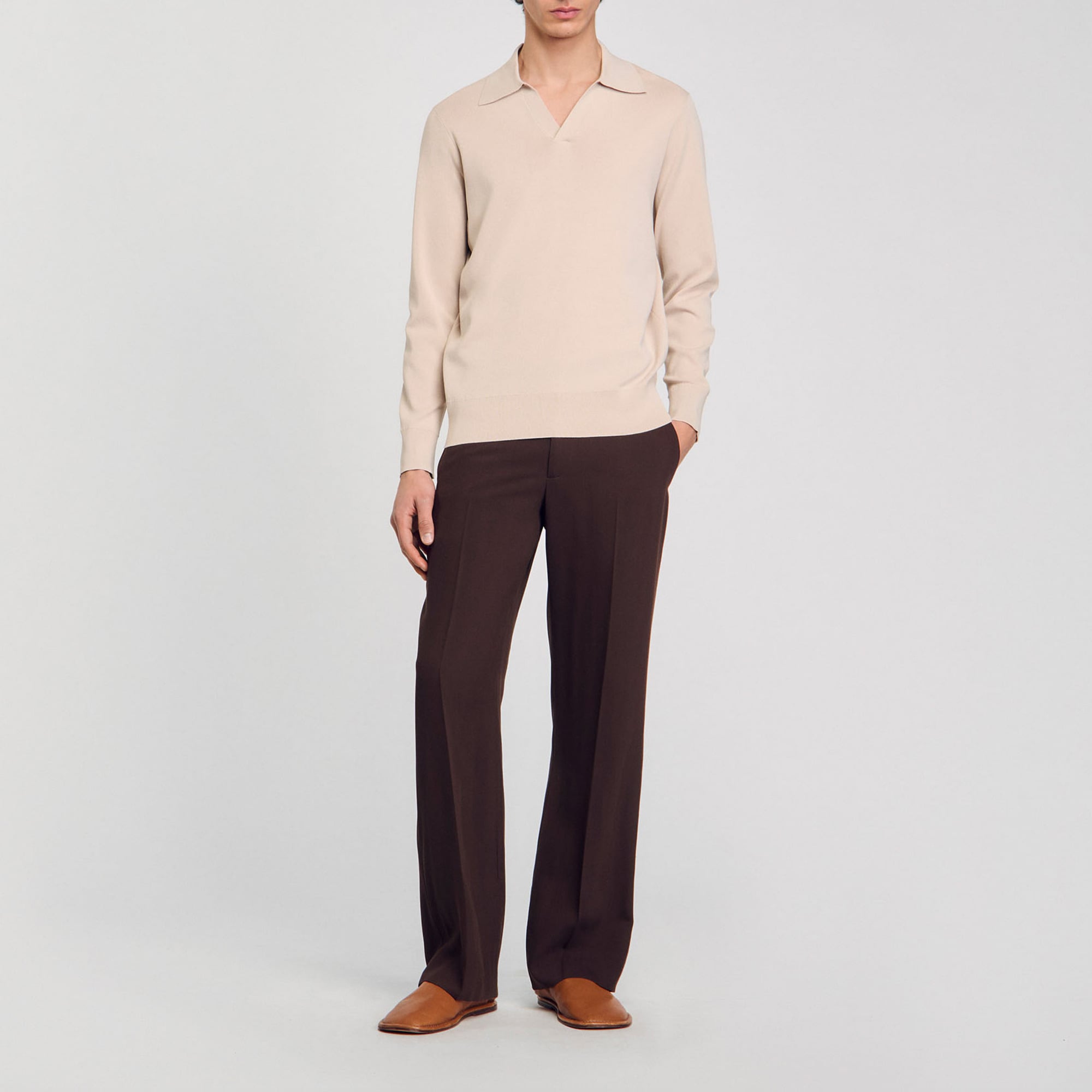 Sandro cotton Knitted polo shirt with wide neck, long sleeves and ribbed hem