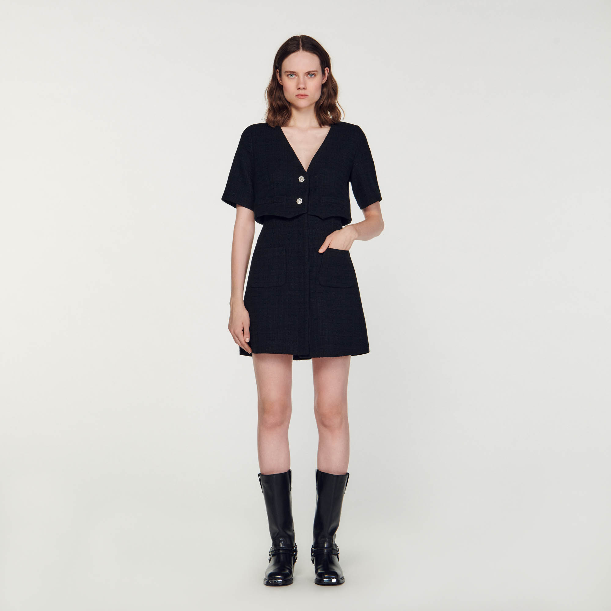 Sandro cotton Short tweed 2-in-1 dress featuring a layered top with a crossover V-shaped neckline and jeweled buttons, short sleeves, and a straight-cut skirt