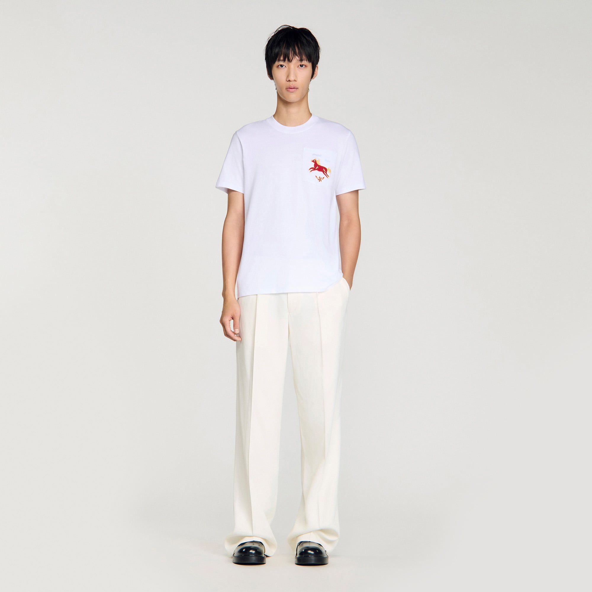 Embroidered horse cotton T-shirt in white for Men | Sandro Paris Embroidered horse cotton T-shirt in white for Men | Sandro Paris