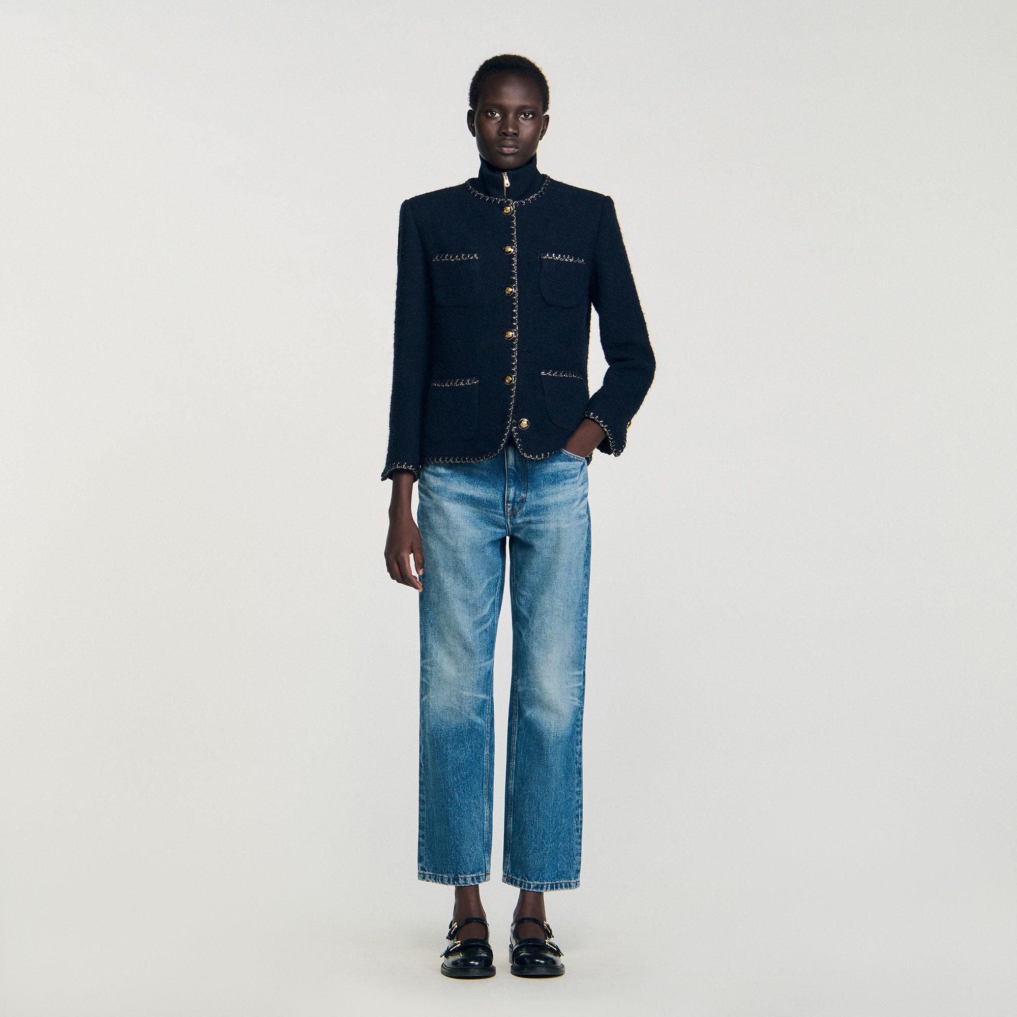 トップス over tweed zip jacket Tweed jacket with removable collar blue For Women | Sandro Paris