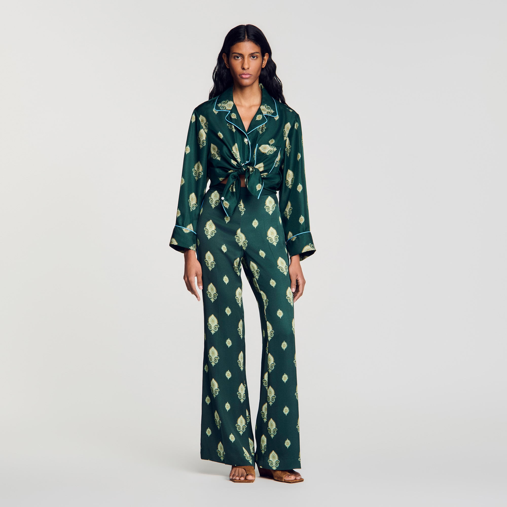 Paisley-print flowy trousers in Green for Women | Sandro Paris