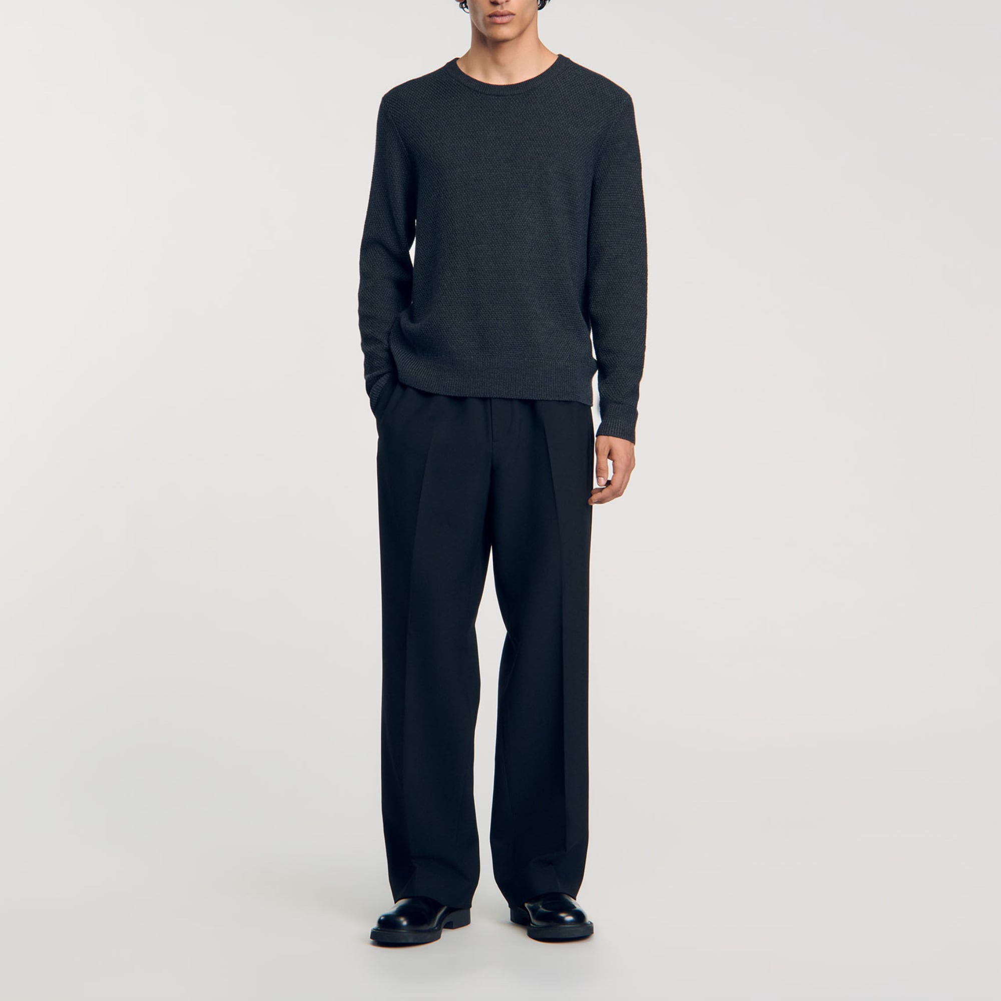 Sandro wool Sandro men's sweater Fancy knit sweater Mock neck Rib trim Long sleeves For a more oversized look, we recommend going up a size