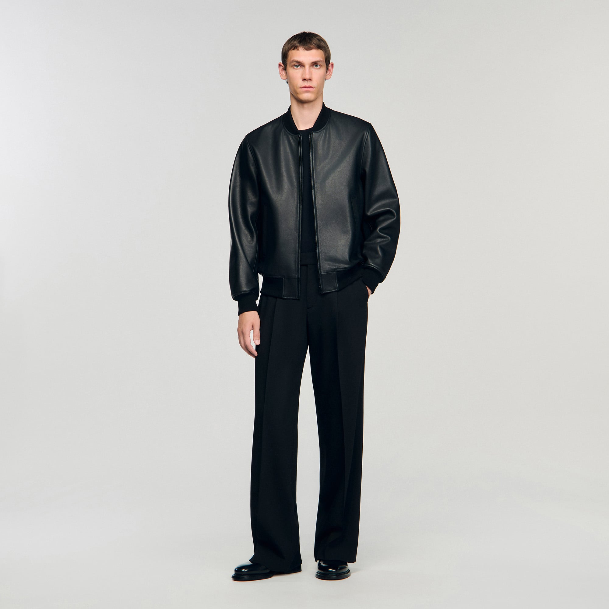 Sandro leather Lambskin leather jacket with ribbed neck, zip fastening and side pockets