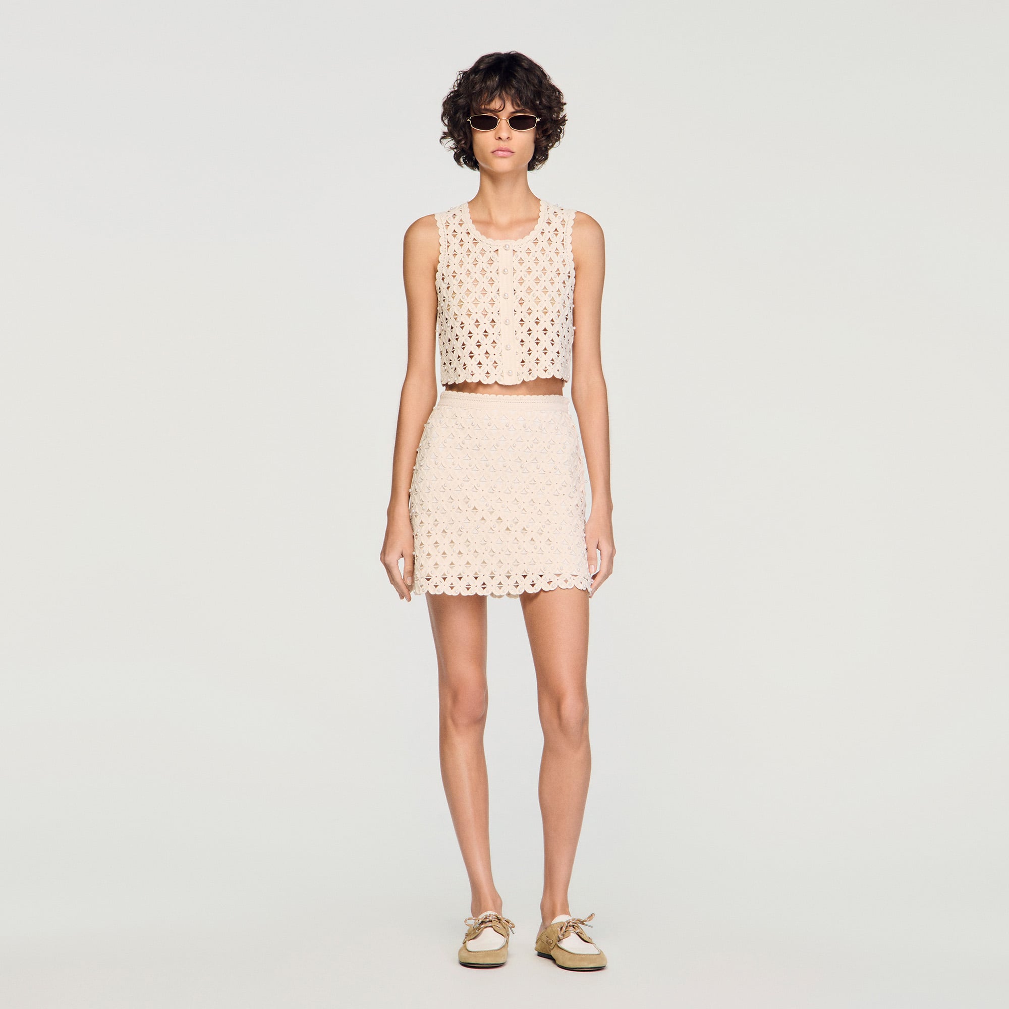 Beaded crochet knit top in Ecru for Women | Sandro Paris