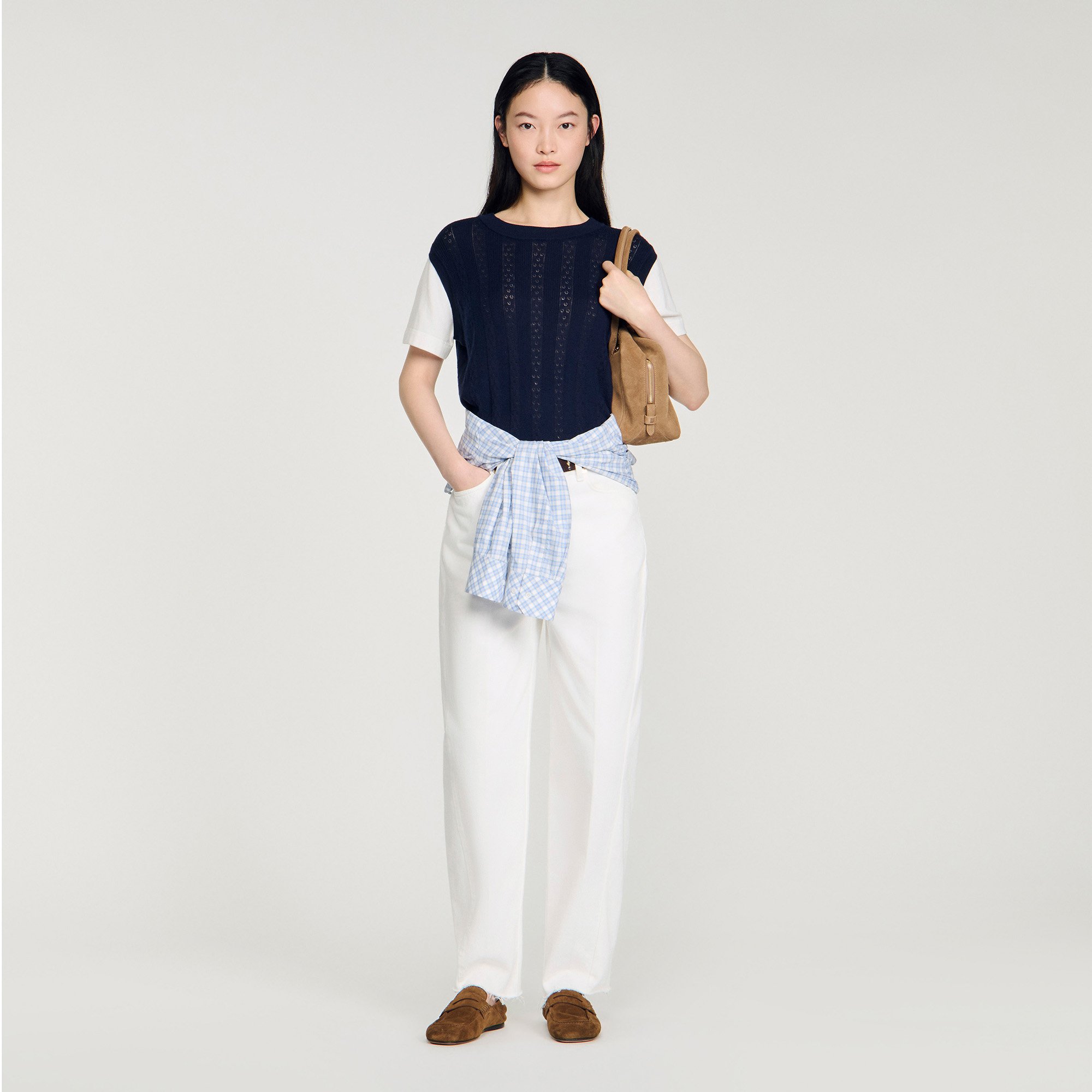Sandro Pointelle Knit Sweater In Blue