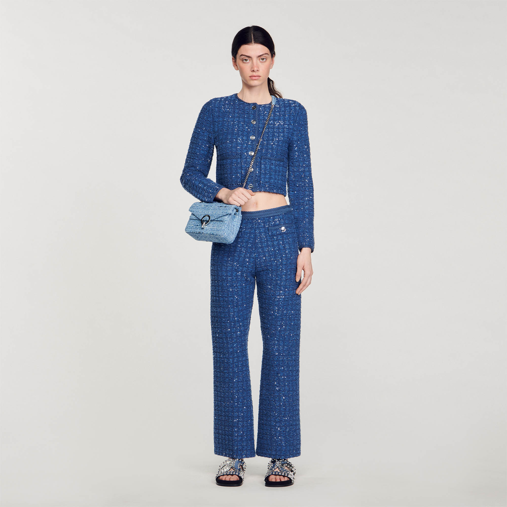 Sandro polyamide Short coatigan in a decorative knit with a glittering tweed effect, button fastening, braided ribbing and patch pockets at the waist