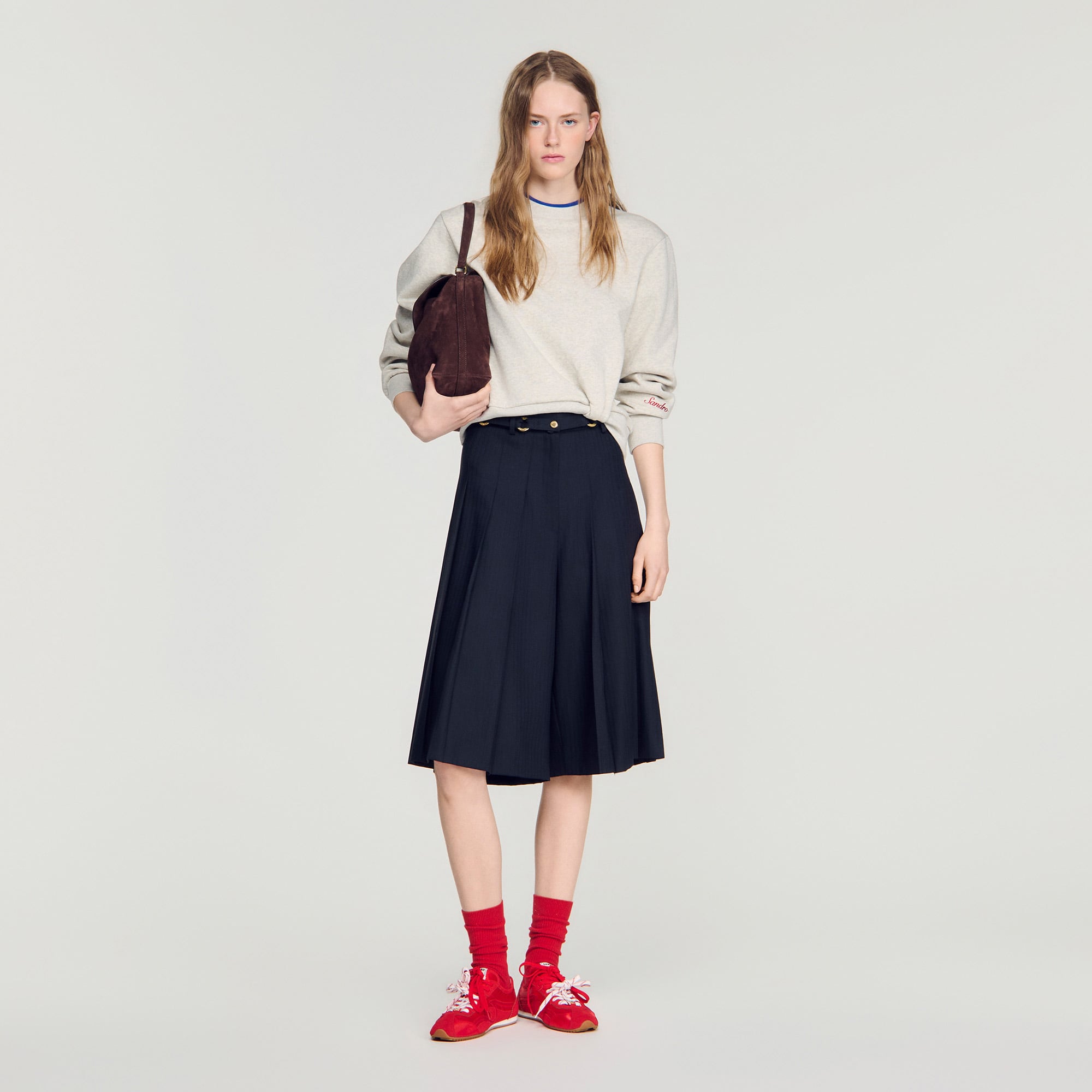 Long pleated wool shorts in Navy Blue for Women | Sandro Paris