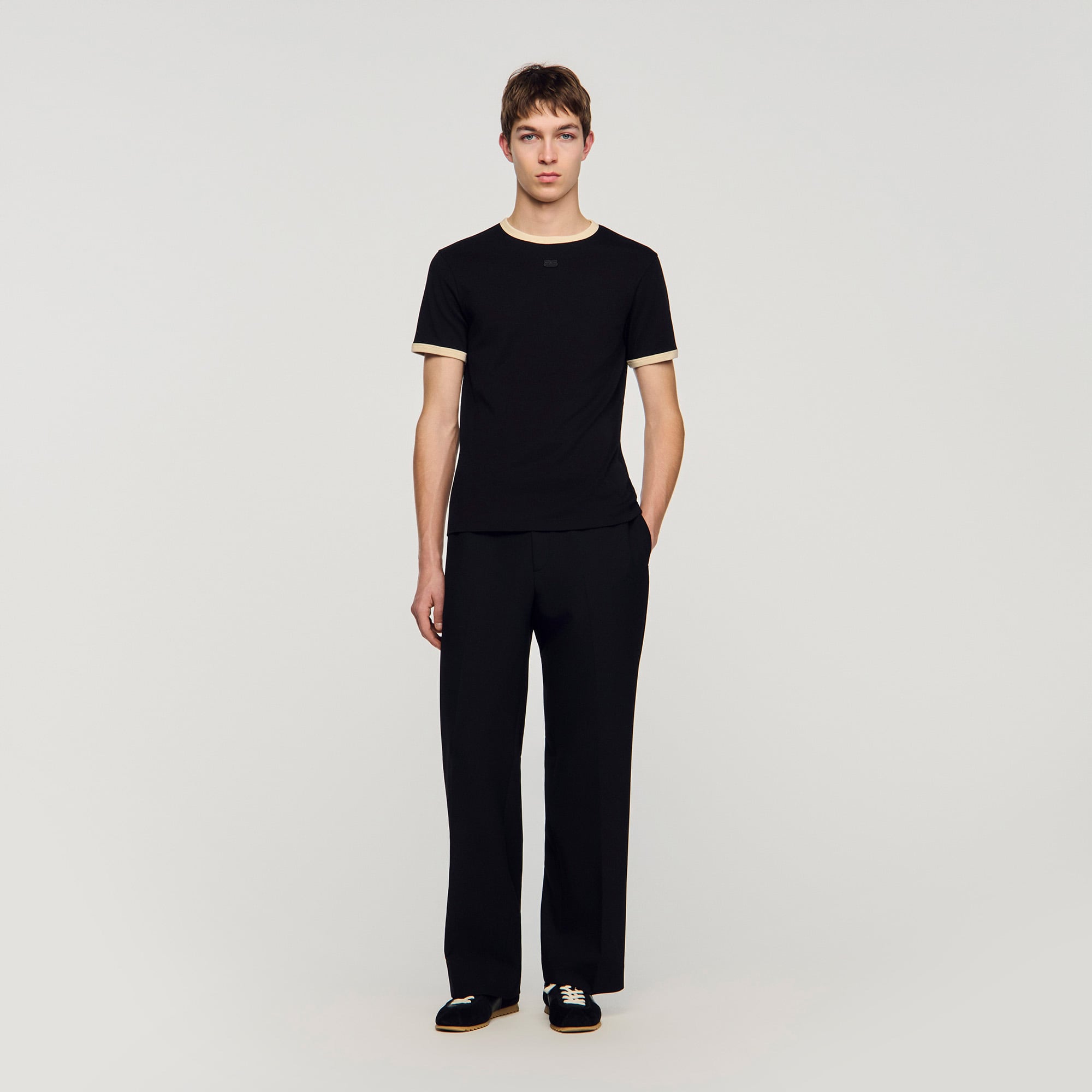 Sandro cotton Short-sleeved, round-neck cotton T-shirt with contrasting hems and a double S patch on the front