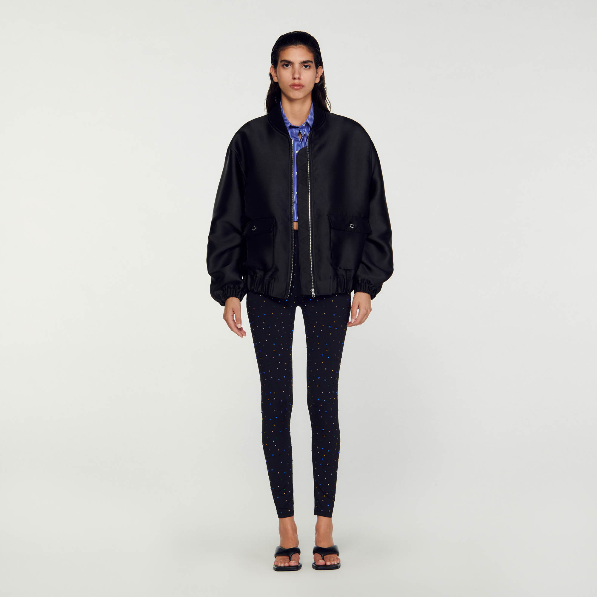 Sandro polyester Lining: Oversized satin-effect bomber jacket with ribbed round collar, long sleeves, zip fastening and flap pockets