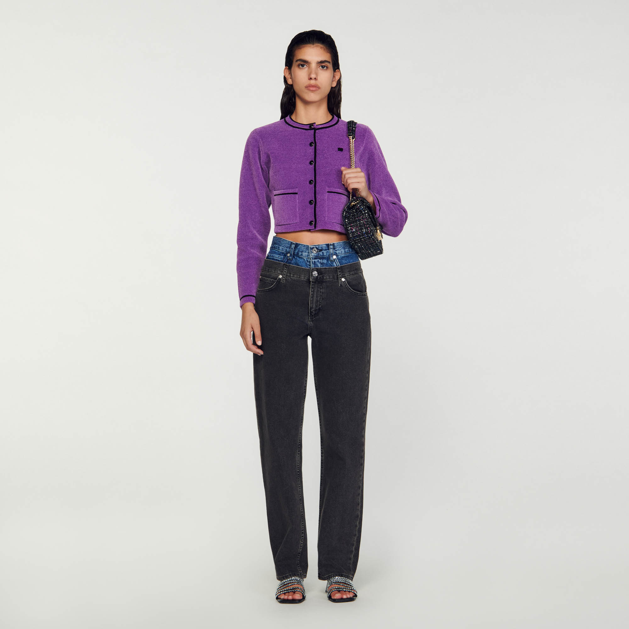 Sandro viscose Velvet-effect short coatigan with round collar, long sleeves, patch pockets and button fastening, embellished with contrasting piping and double-S embroidery on the chest
