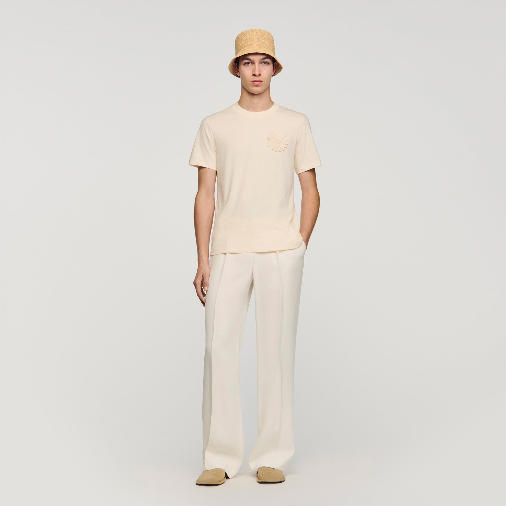 Sandro cotton Classic-fit cotton T-shirt with a hand-embroidered crochet flower