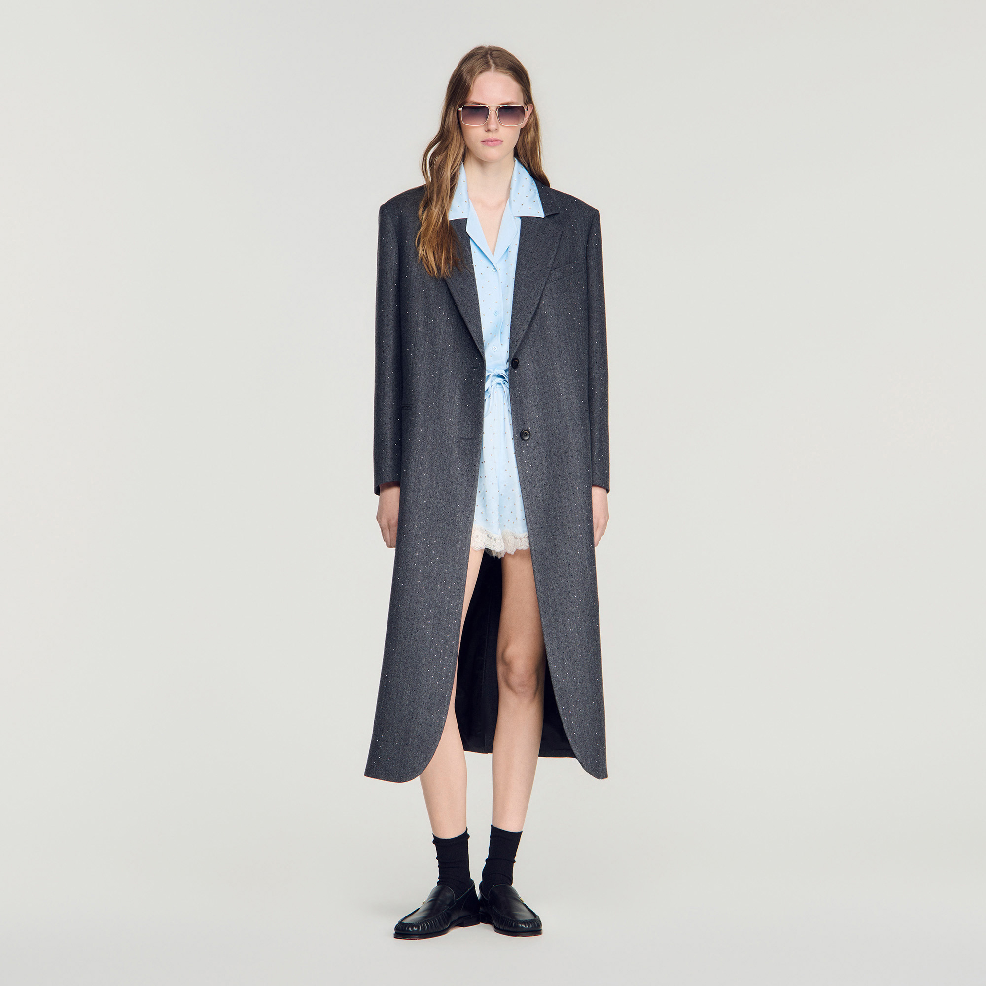 Long wool coat with rhinestones
