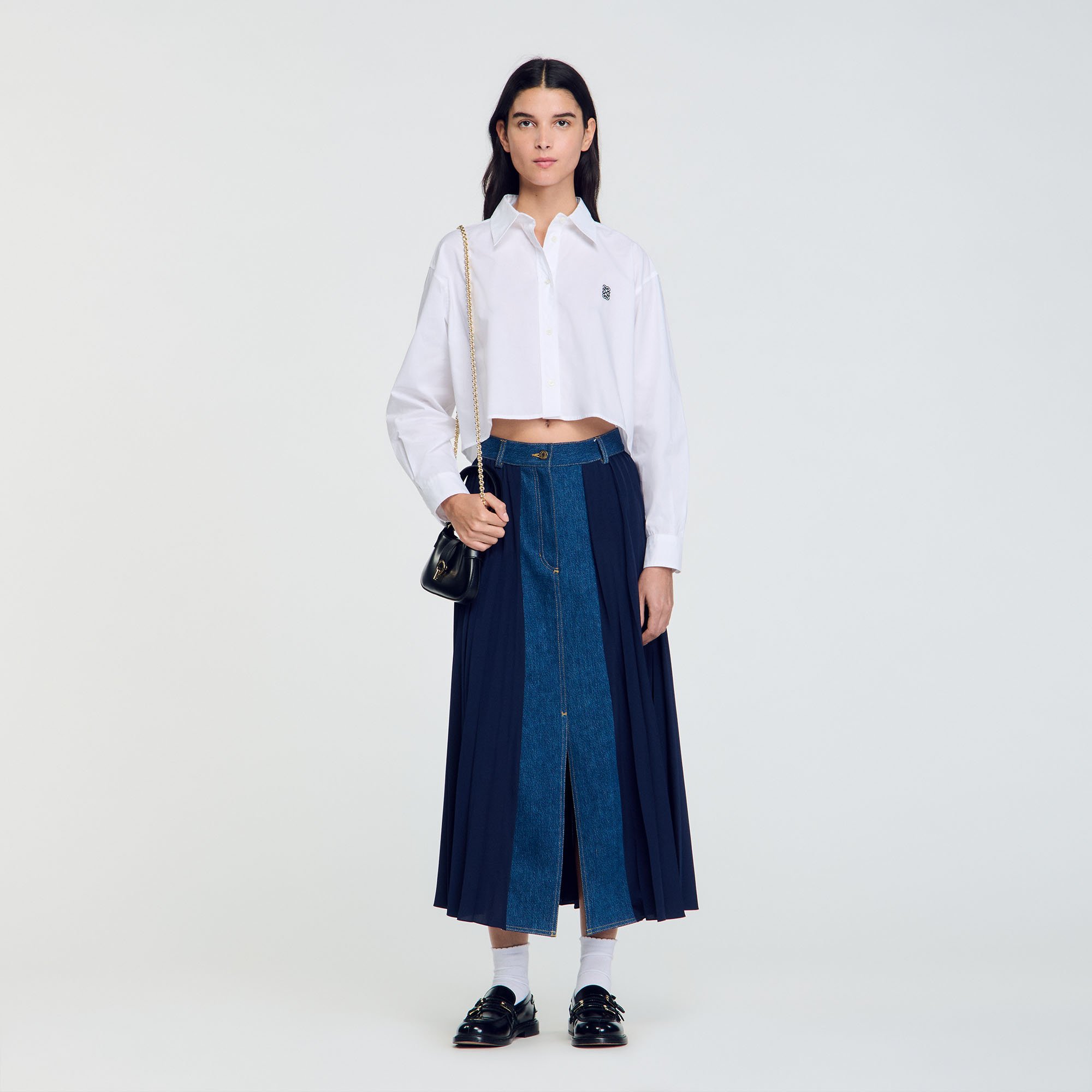 Dual-material denim pleated skirt