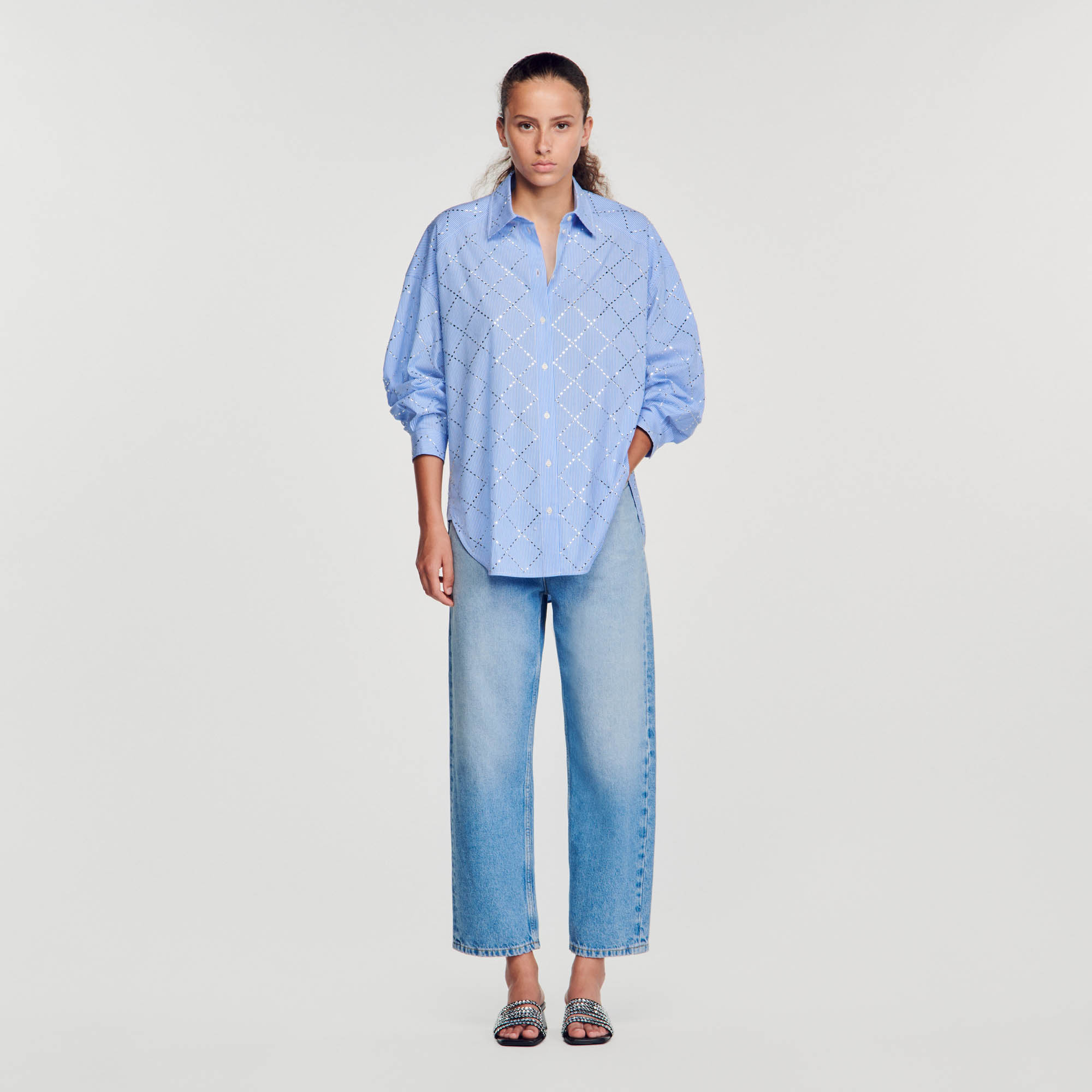 Sandro cotton Diamante: Oversized cotton poplin shirt with thin rhinestone stripes, a collar, long sleeves, and a button fastening