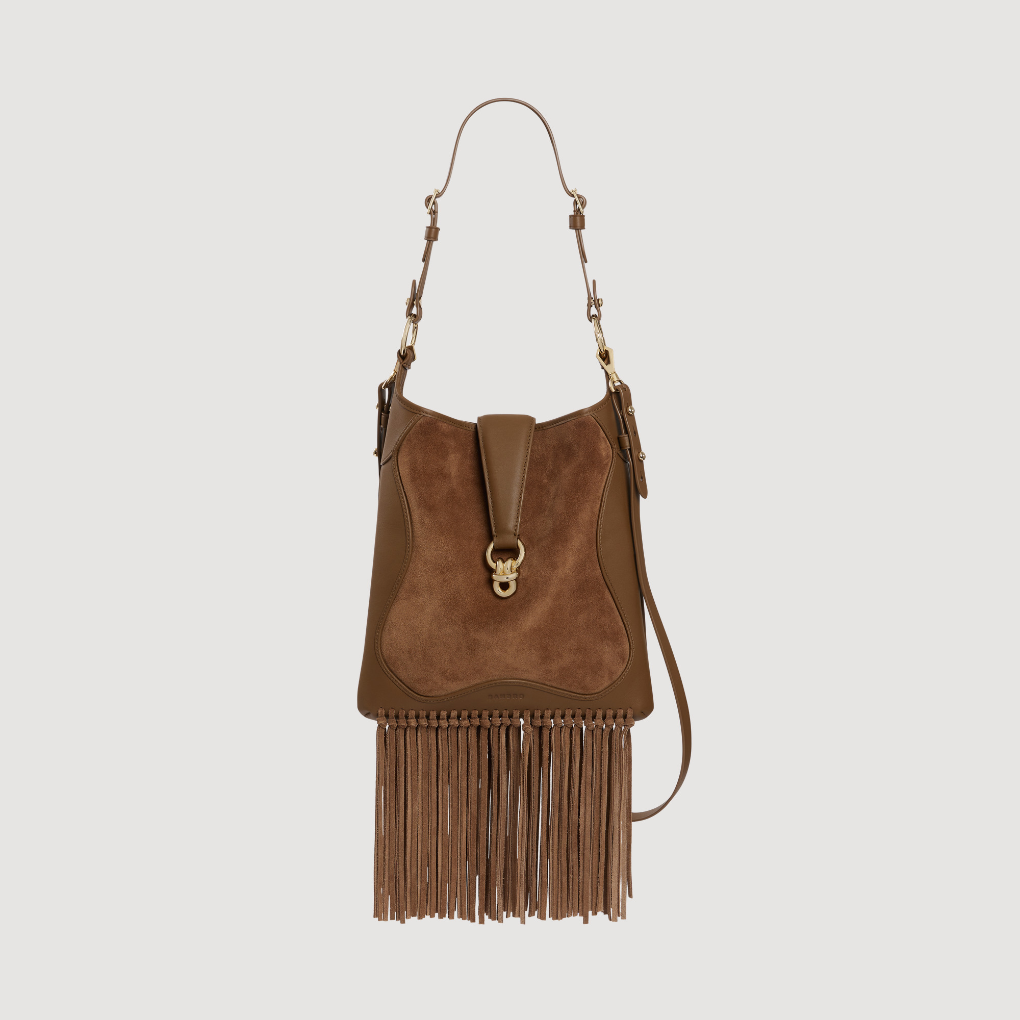 Leather and suede fringe bag in Camel for Women | Sandro Paris
