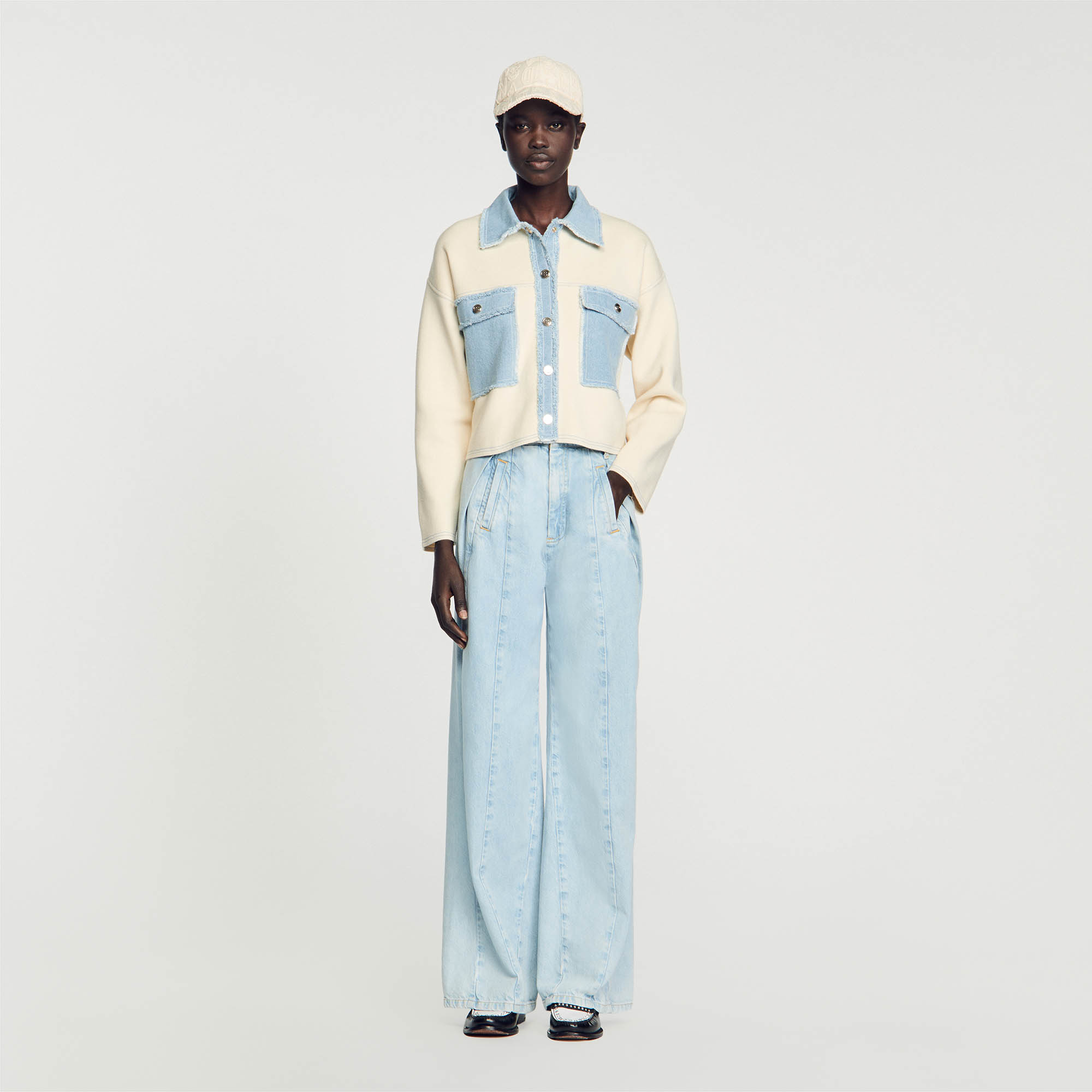 Sandro viscose Oversized cropped dual-material coatigan decorated with denim sections