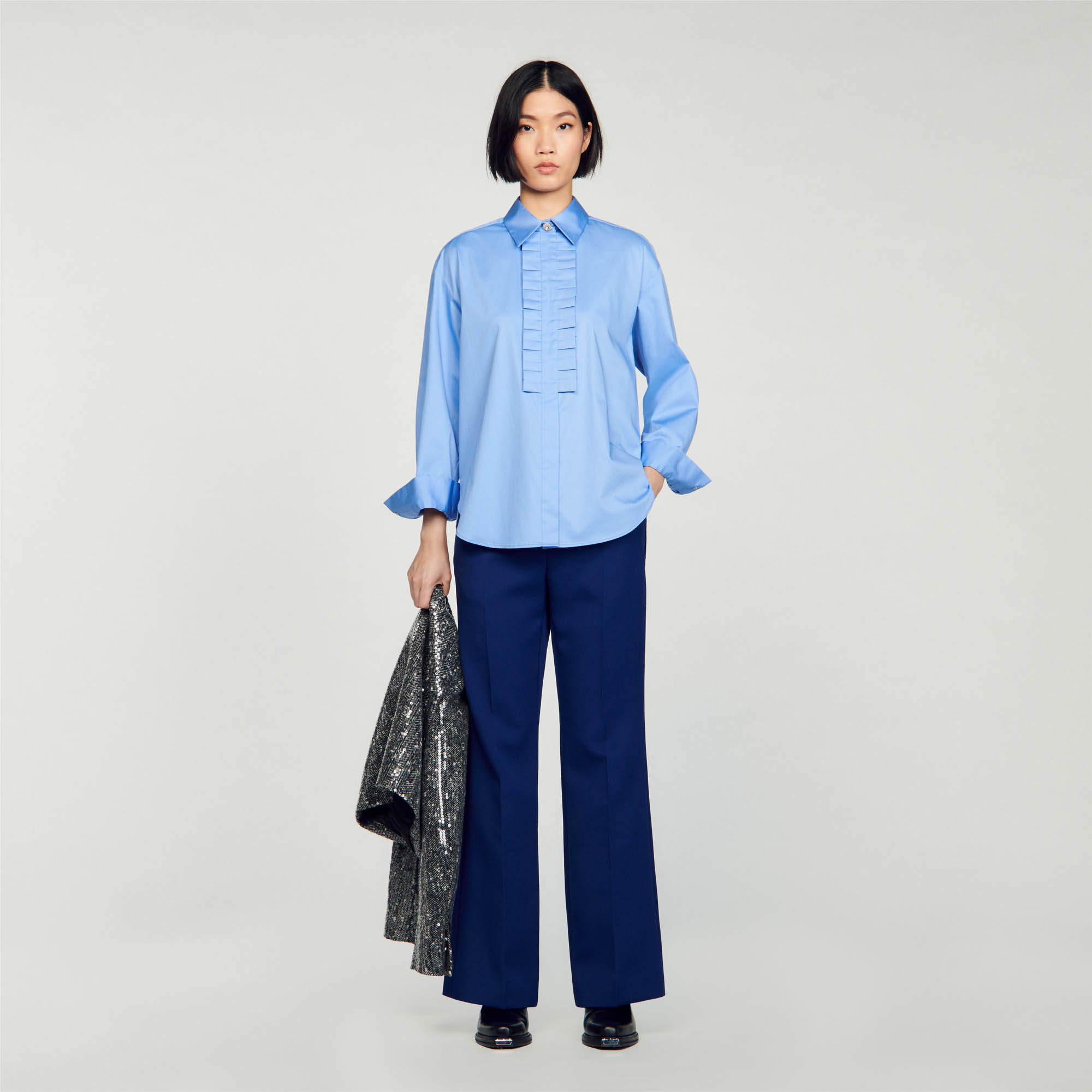 Sandro cotton Buttons: A long, straight-fit poplin shirt with a ruffled collar, long sleeves adorned with jewellery buttons on the cuffs and a covered button placket