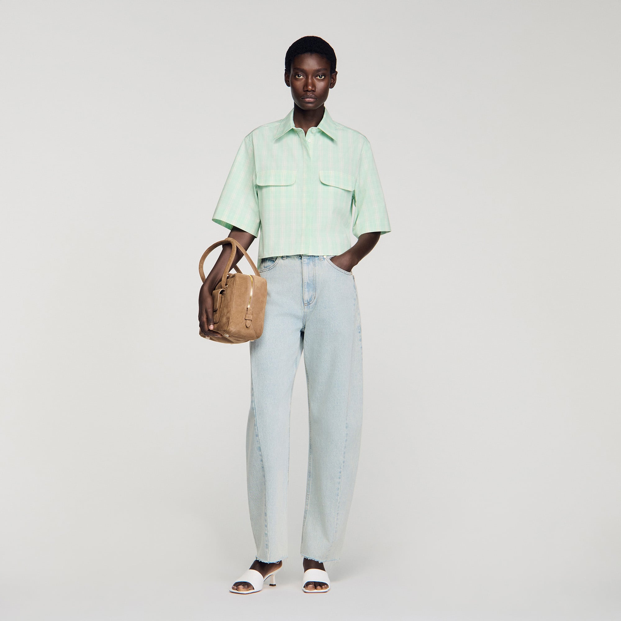 Sandro cotton Cropped check shirt featuring a shirt collar, short sleeves and an asymmetric hem with side slits