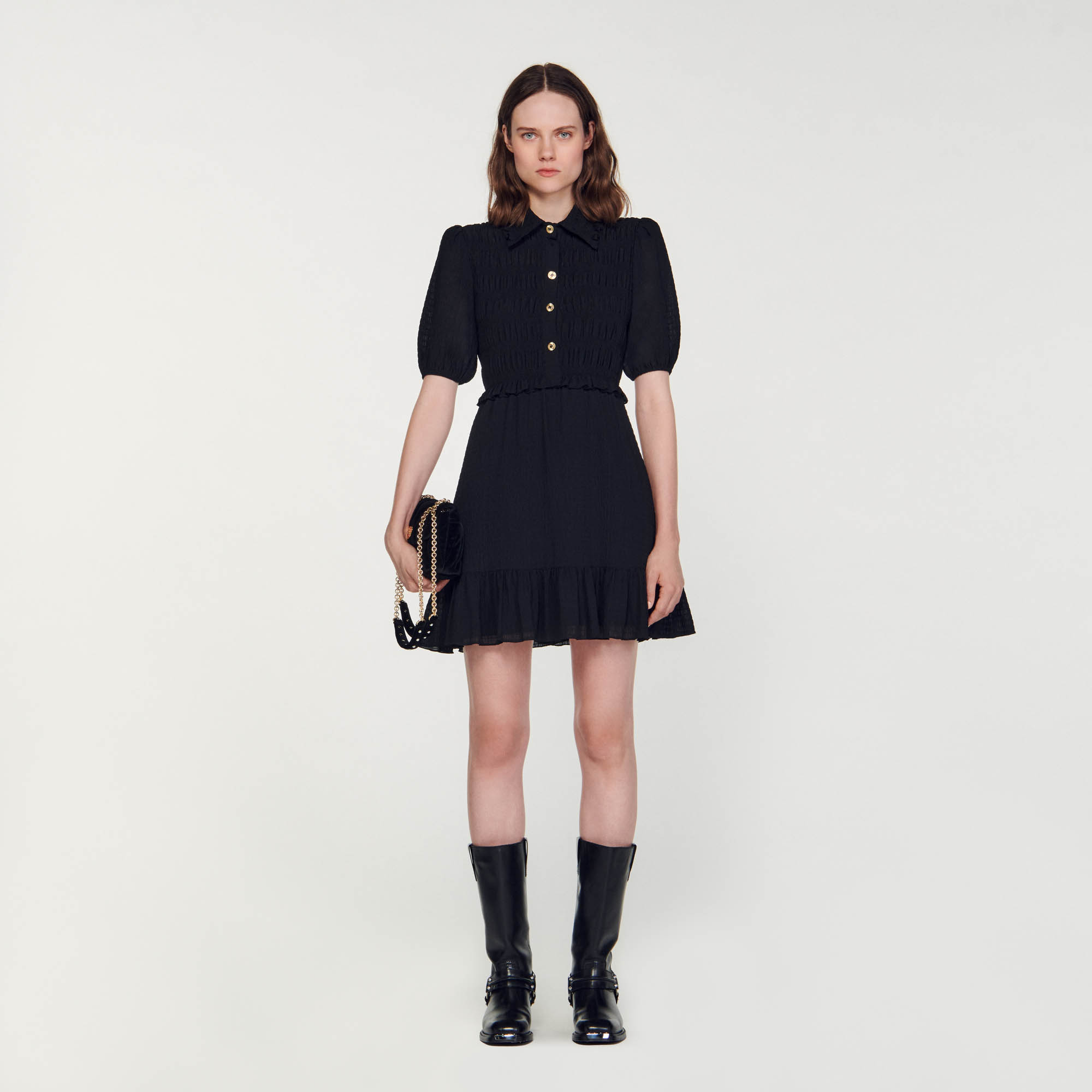 Sandro polyester Lining: Short dress with button-down shirt collar and short sleeves, embellished with smocking at the top and a floaty, billowy skirt with ruffles at the bottom