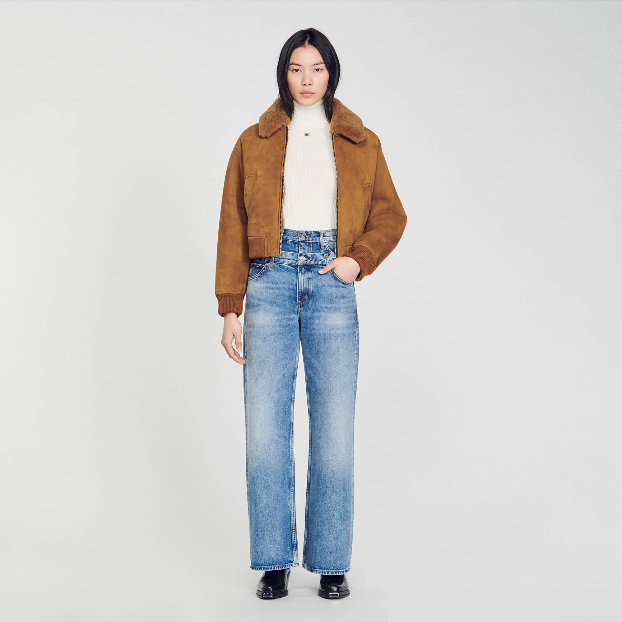 Sandro cotton Pocket lining: High-waisted straight-leg jeans with double belt and vintage-style wash