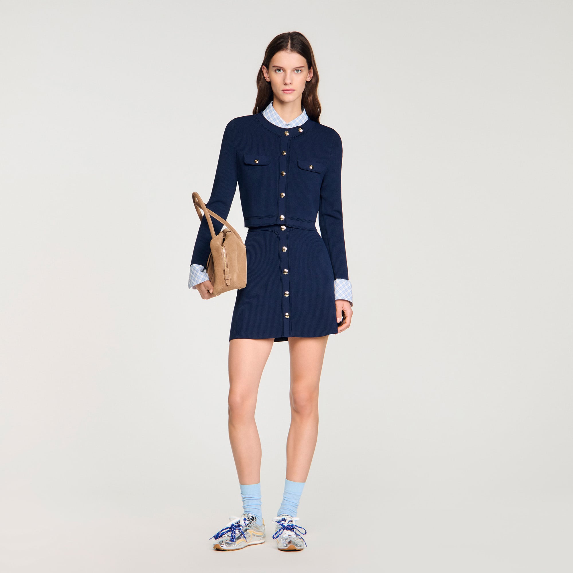 Cropped rib knit cardigan in Navy Blue for Women | Sandro Paris