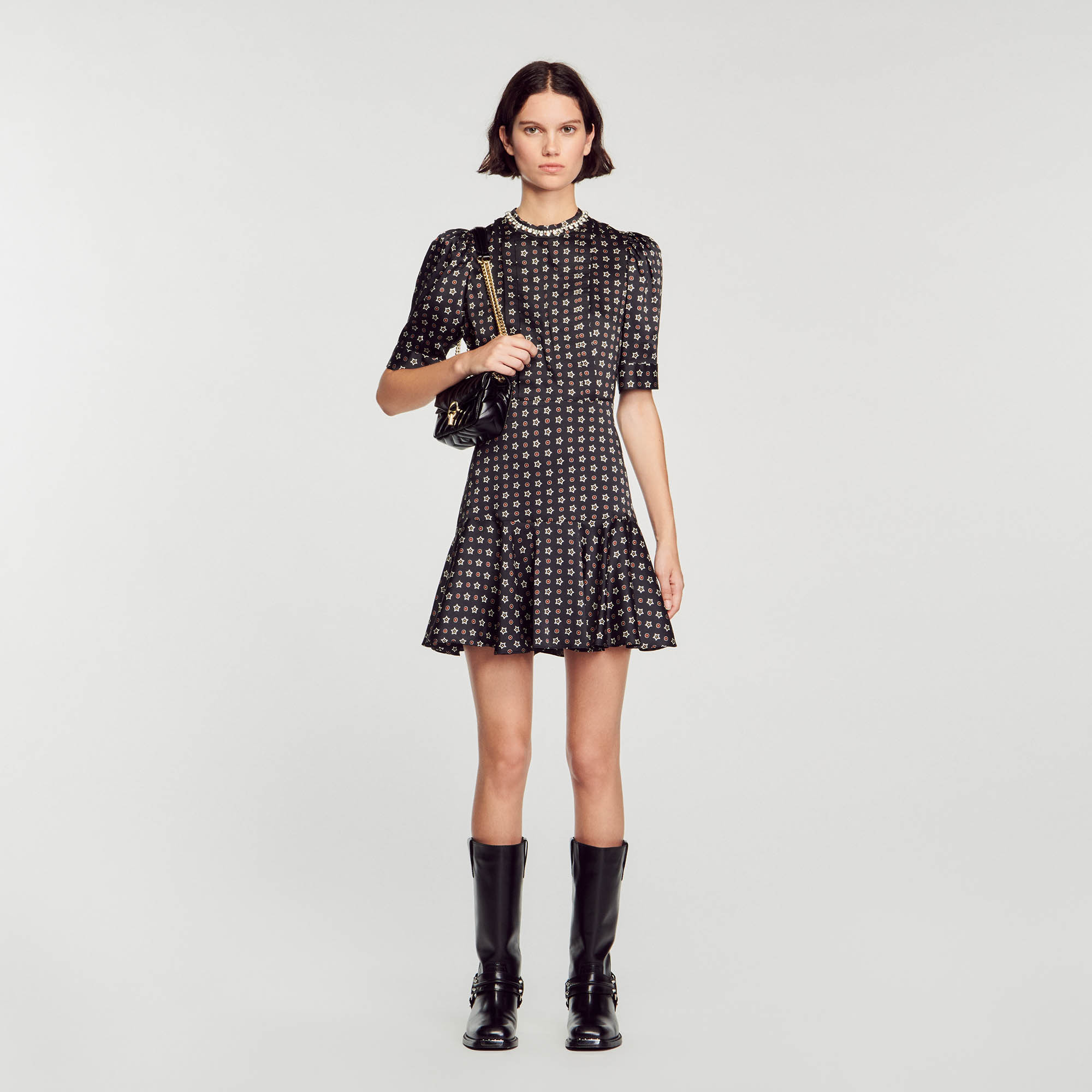 Sandro polyester Lining: Short flowing dress with a round rhinestone neckline, short sleeves, a ruffled skirt, and an all-over Mini Stars print