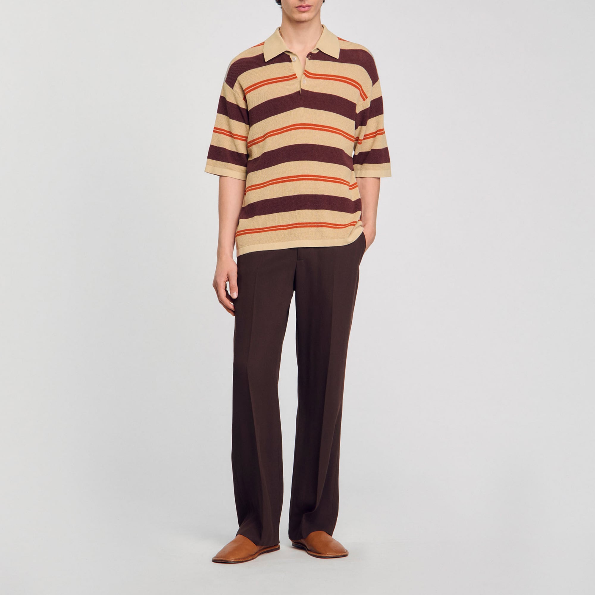 Sandro cotton Striped knit polo shirt with button-down collar and short sleeves