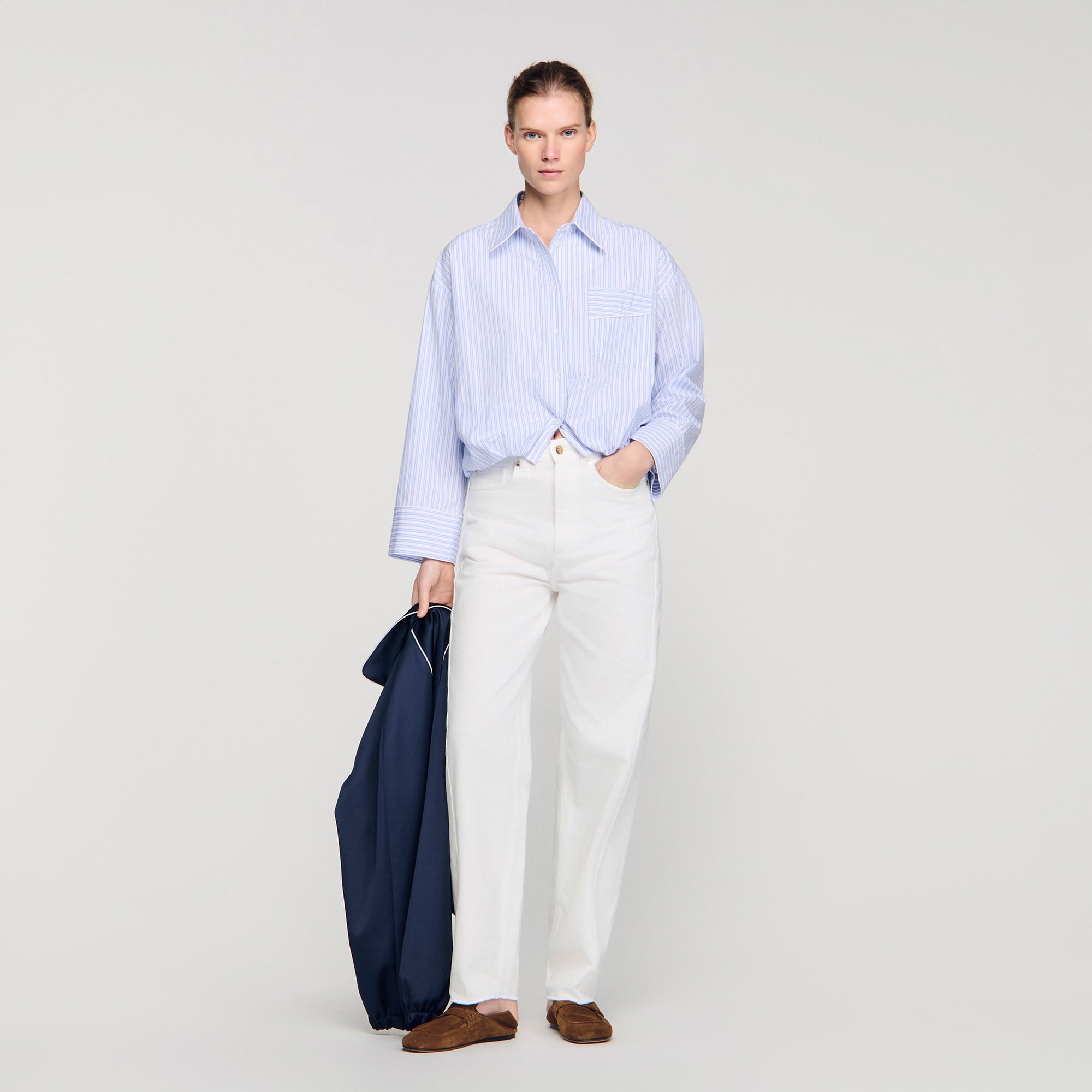 Cropped striped shirt in Blu / White for Women | Sandro Paris