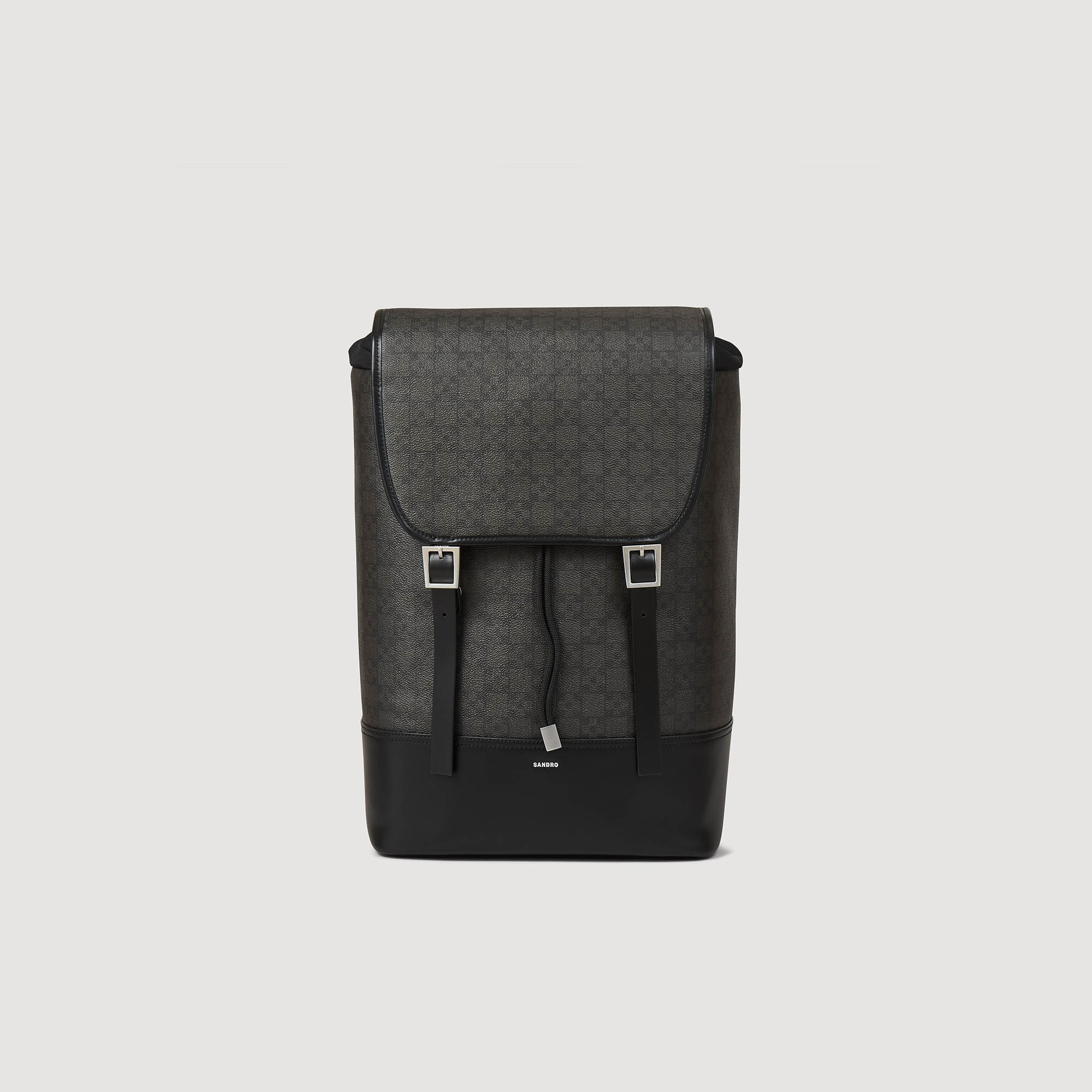 Sandro polyester Lining: Backpack in grained coated canvas embellished with a Square Cross pattern, leather details, and an embossed Sandro logo in silver print, featuring a flap with adjustable buckles, a leather-covered handle, internal storage pockets, and padded shoulder straps with metal stoppers