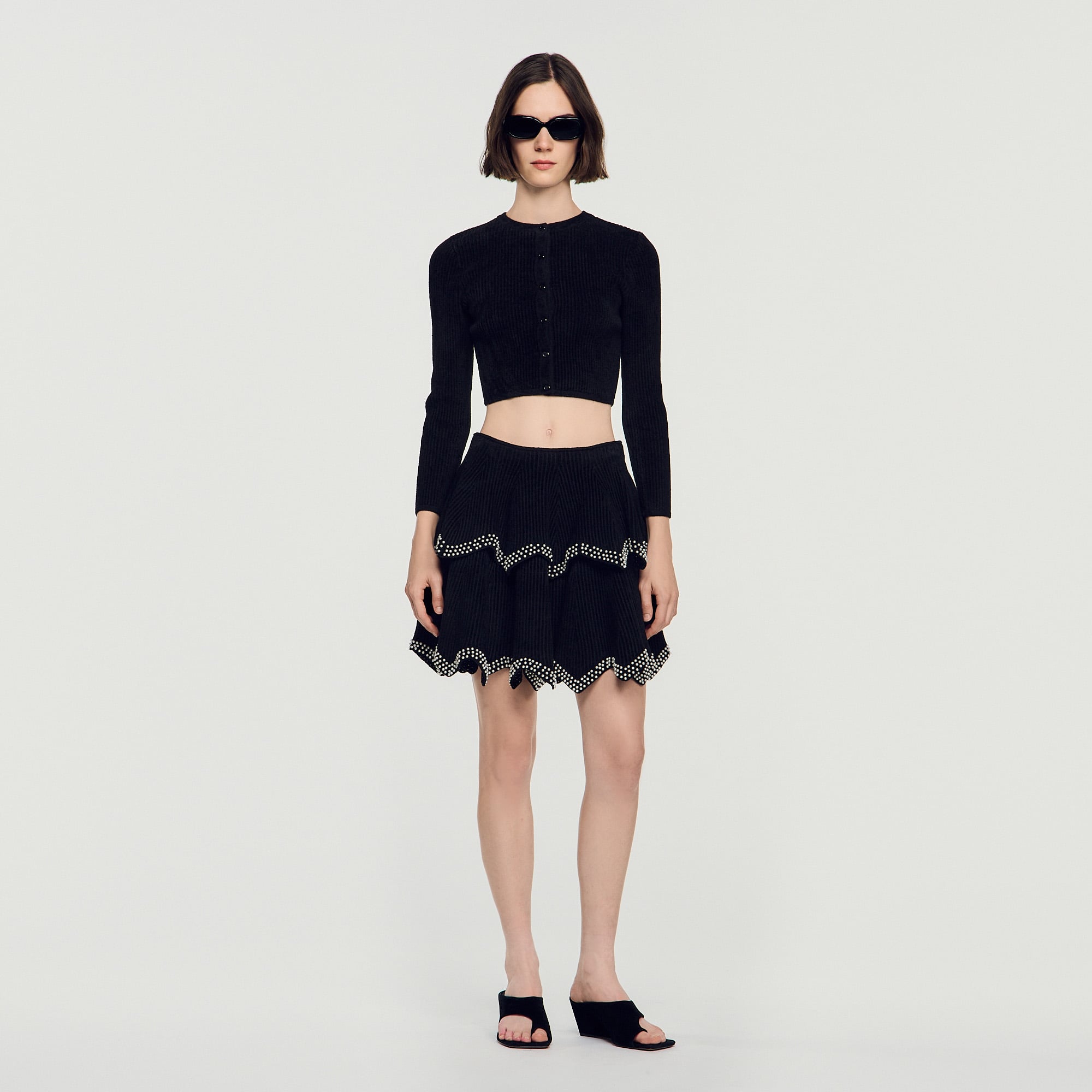 Velvet knit cropped cardigan in Black for Women | Sandro Paris