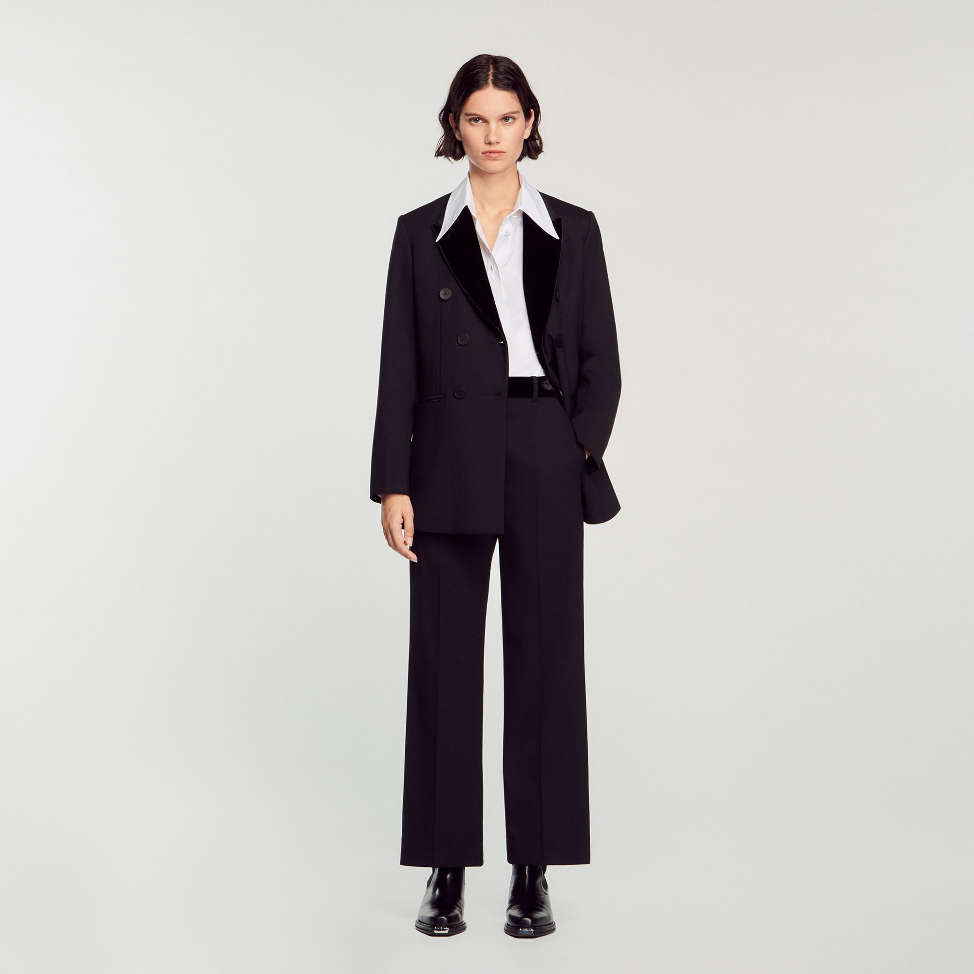 Sandro polyester Straight-leg pants with a contrasting velvet waist, slanted pockets, and piped pockets on the back