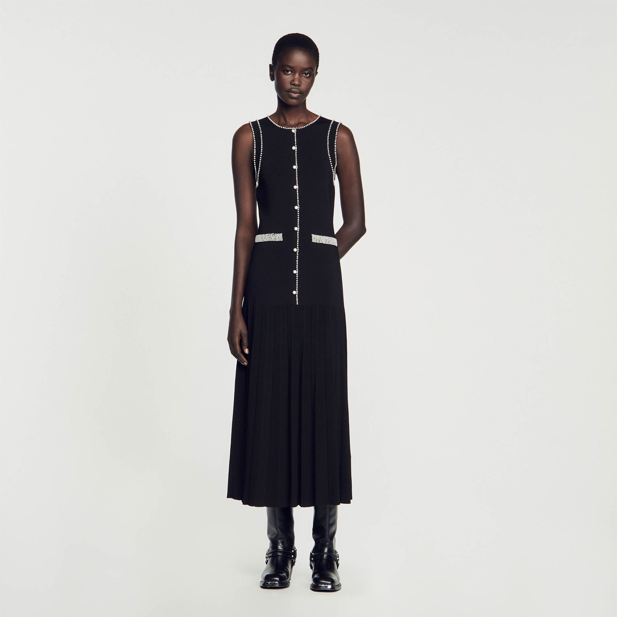 Sandro viscose Sleeveless knit midi dress with a round neck, beaded button fastening and decorative flared bottom