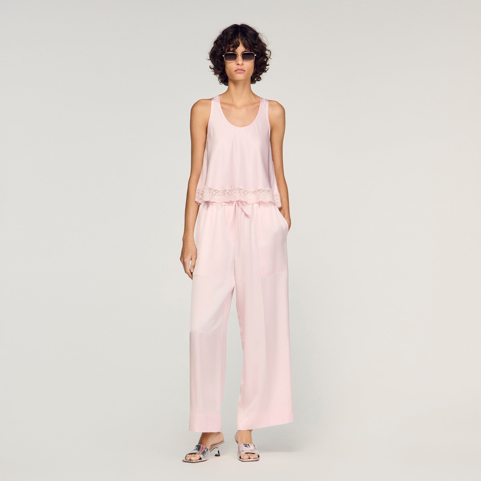 Satin top with lace in Light Pink for Women | Sandro Paris