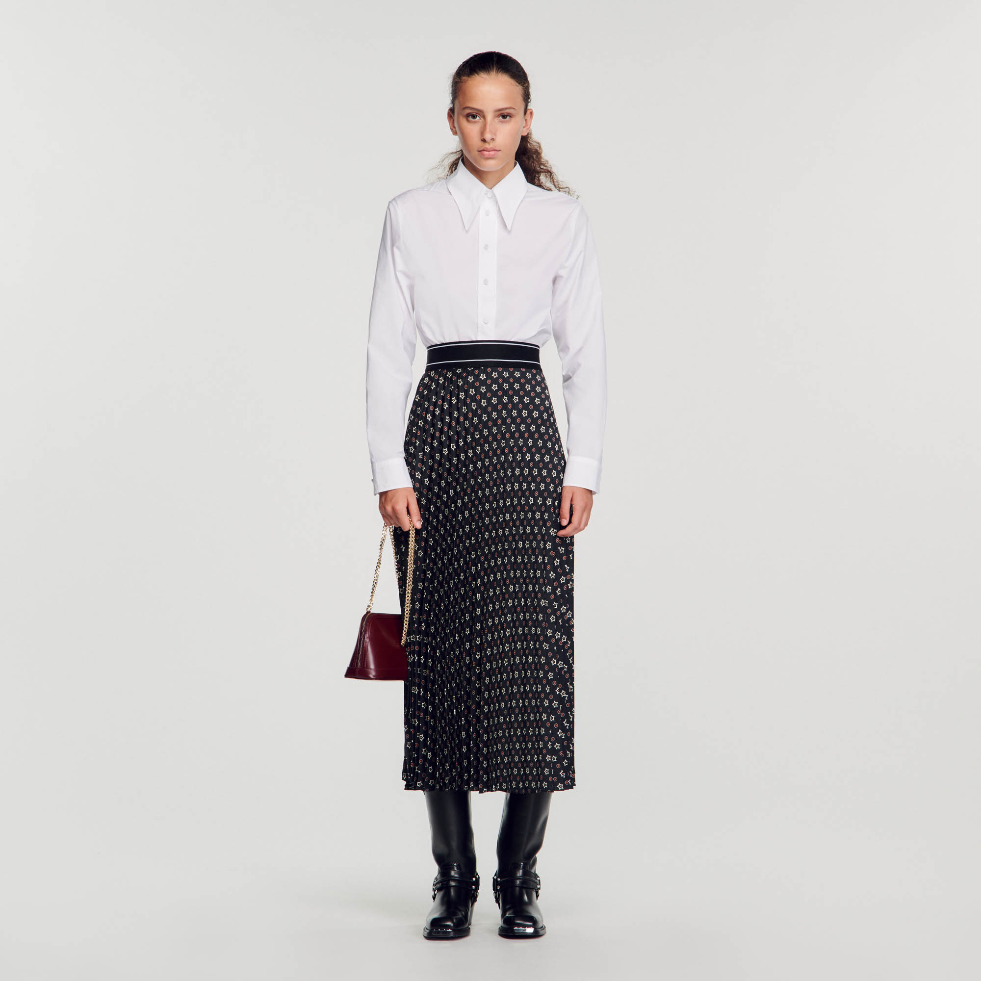 Sandro polyester Long pleated skirt with a mini stars print and contrasting elastic at the waist