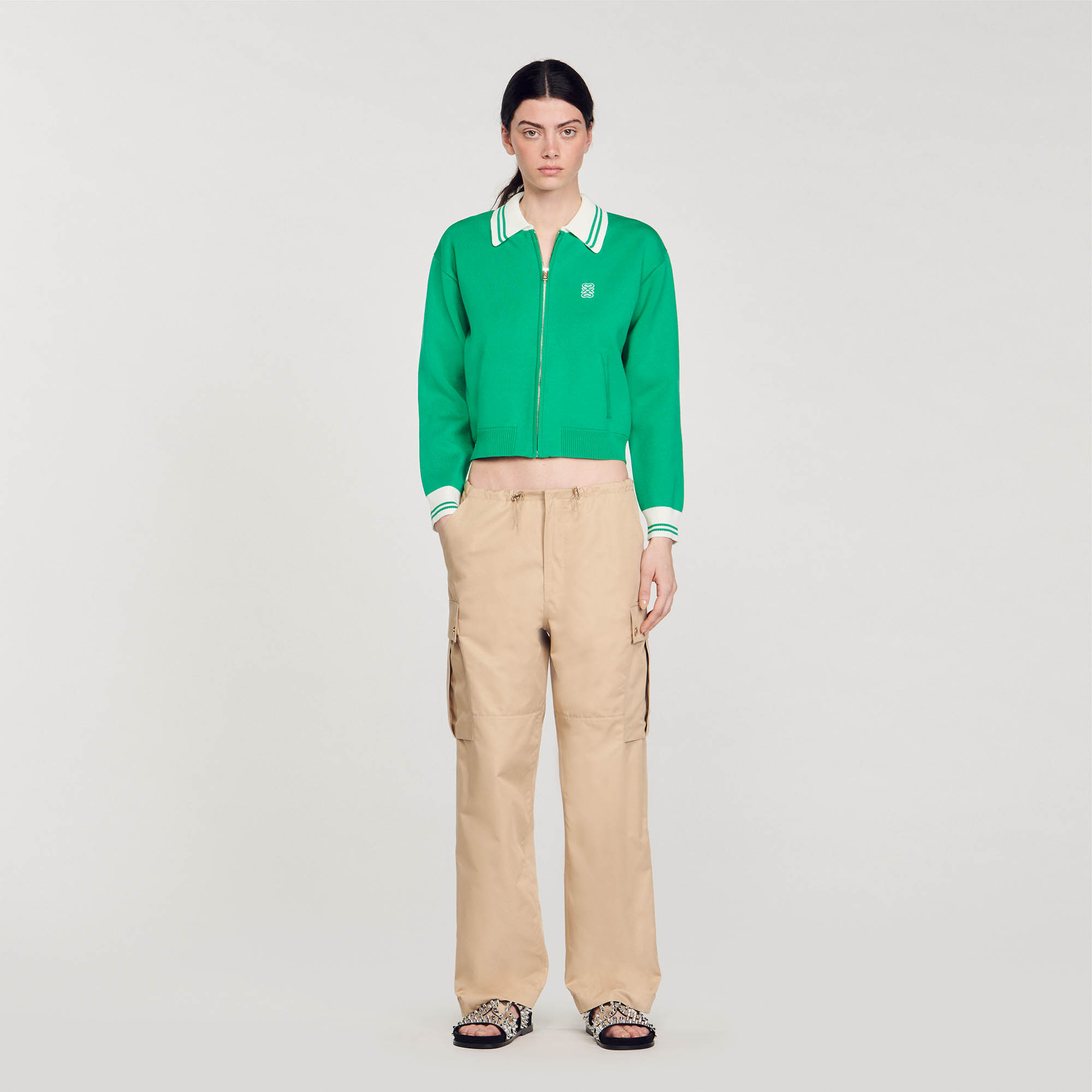 Sandro cotton Cotton-blend cargo trousers with gathered elasticated waistband with stoppers, signature press studs and zip fastenings at the bottom of the legs