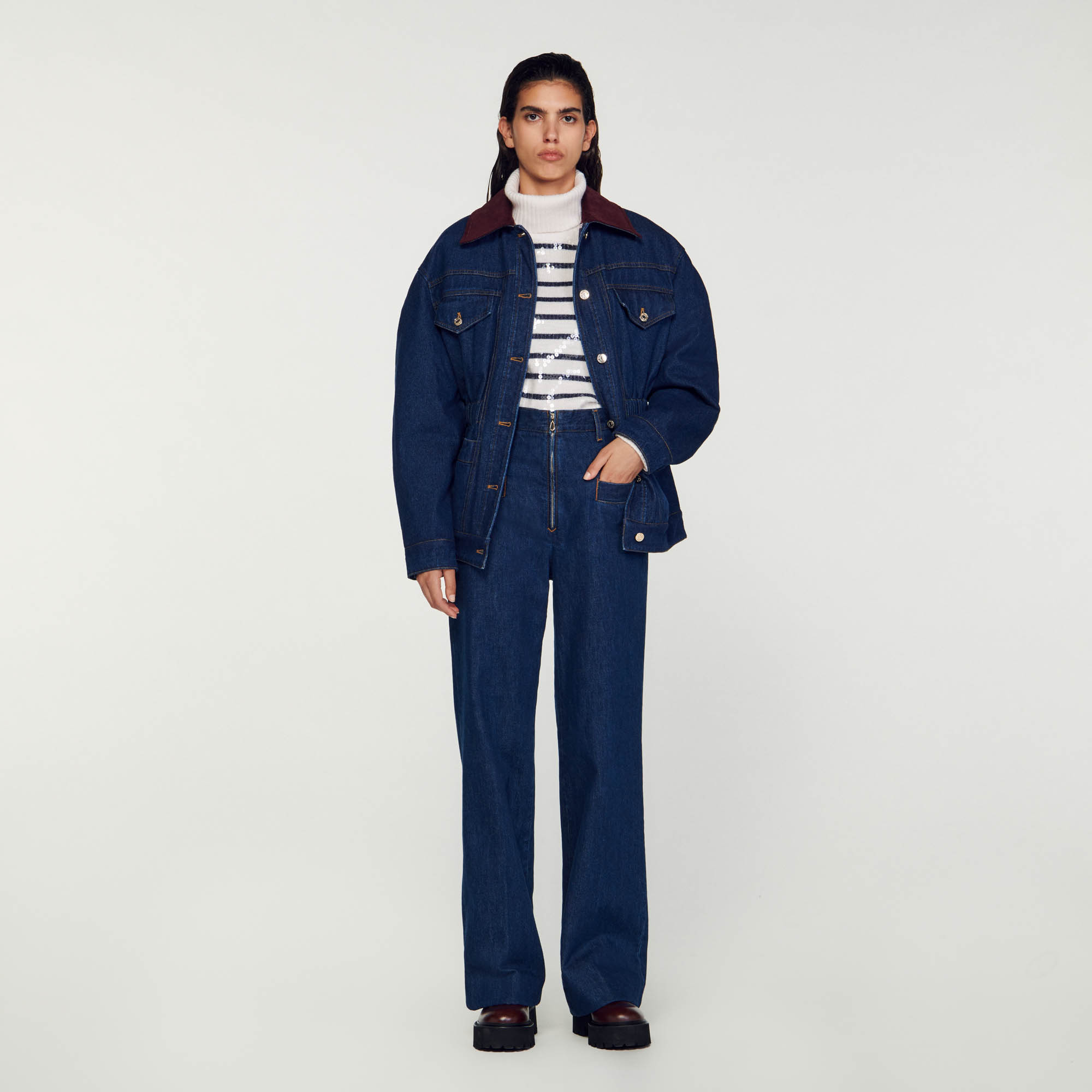 Sandro cotton Lining: High-waisted raw denim jeans with wide legs, belt loops, zip fastening and large welt pockets at front