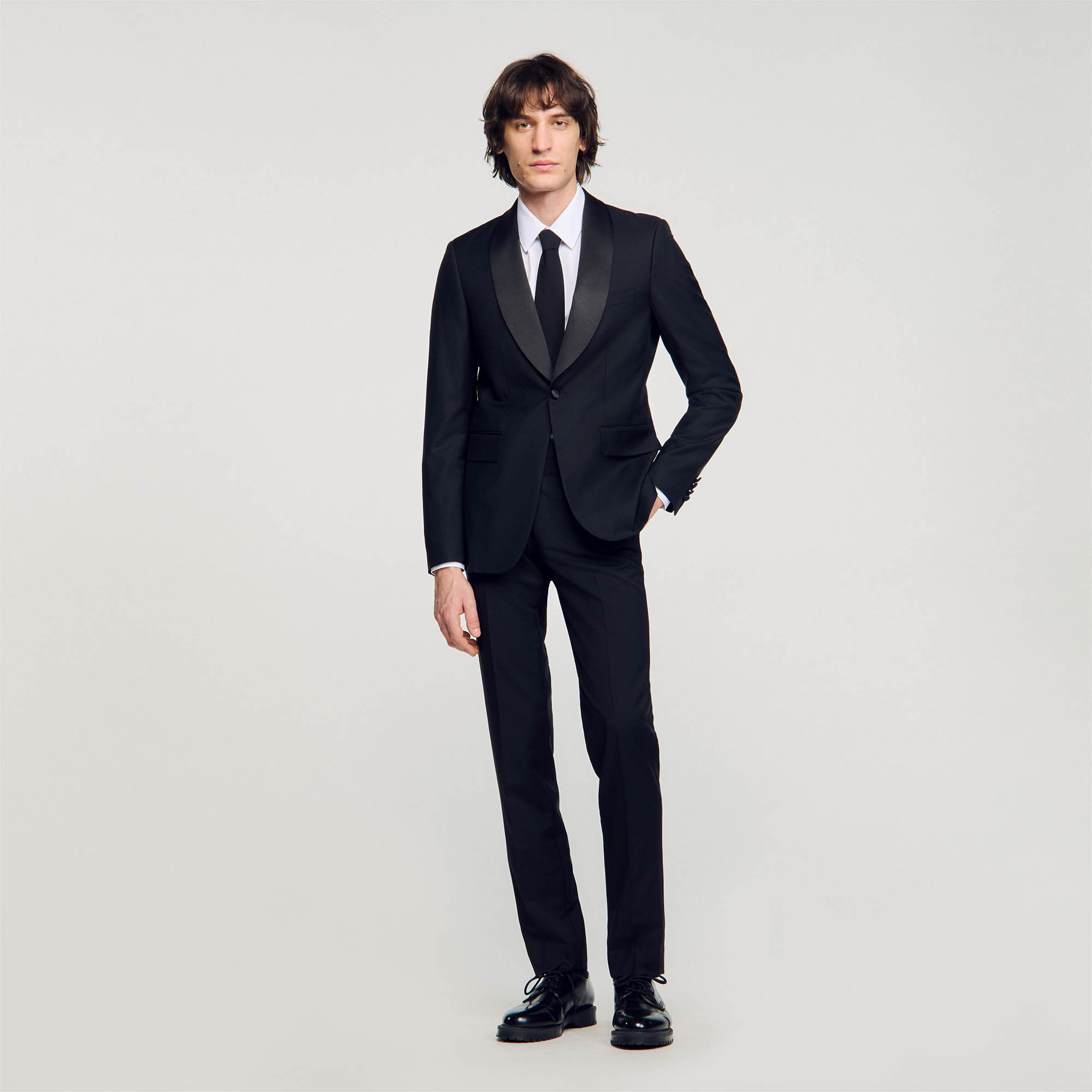 Sandro wool Tuxedo jacket with satin shawl collar, long sleeves, button fastening and flap pockets