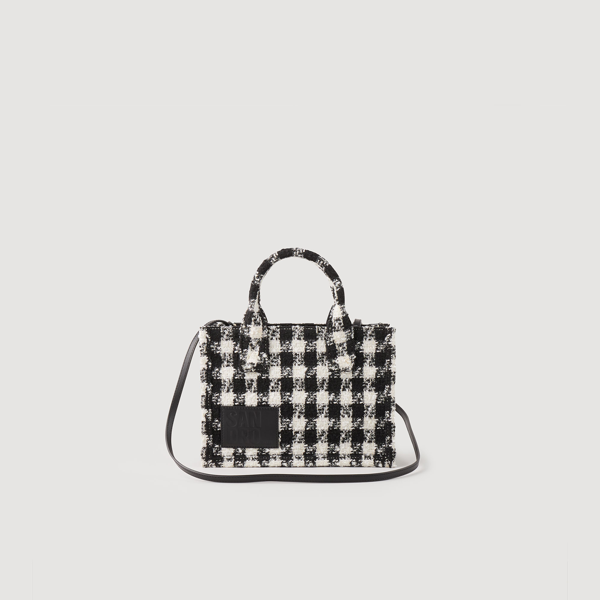 Sandro polyester Small tote bag in houndstooth-printed tweed with an embossed Sandro label, a magnetic fastening, small handles, and an inner pouch