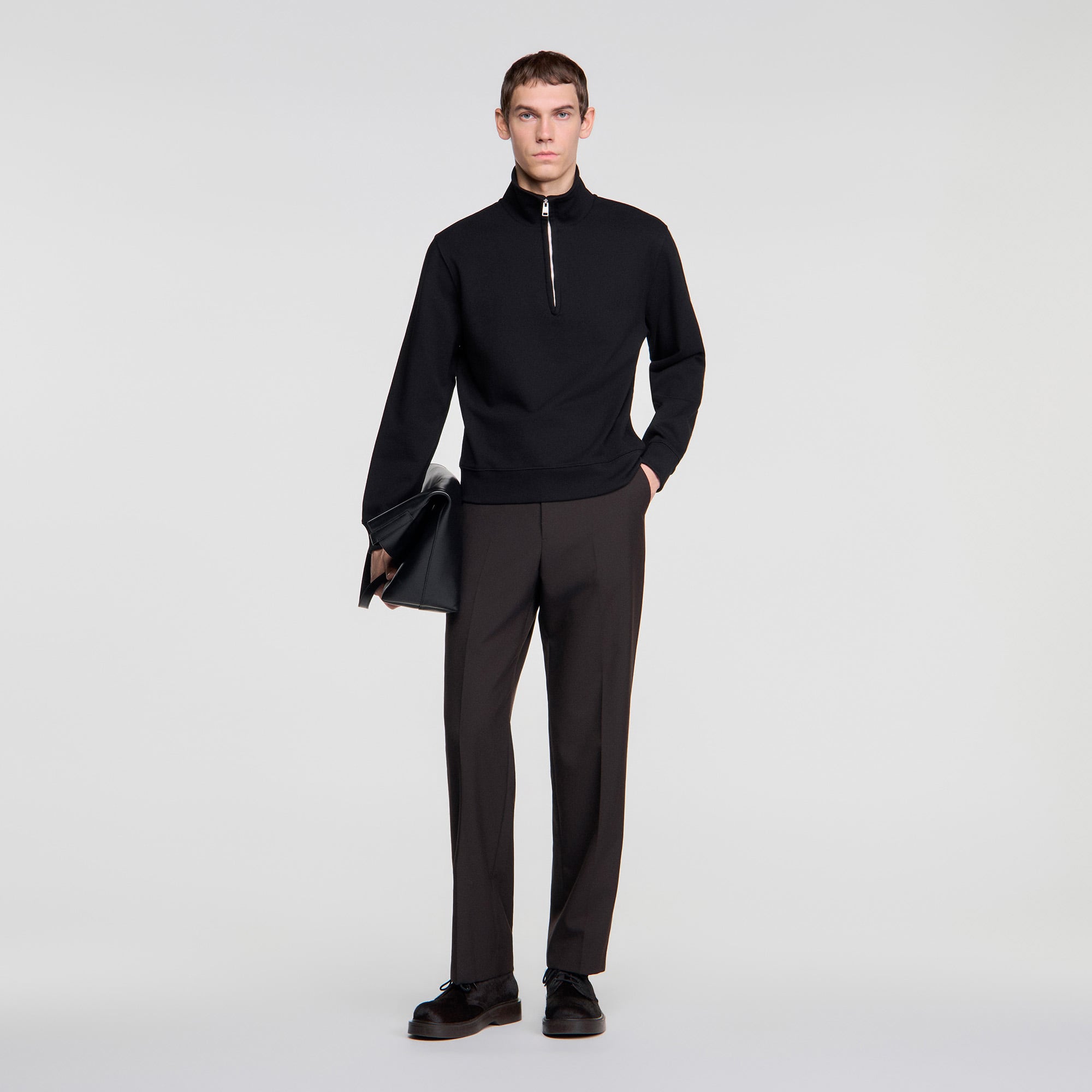 Boxy zip sweater with standing collar