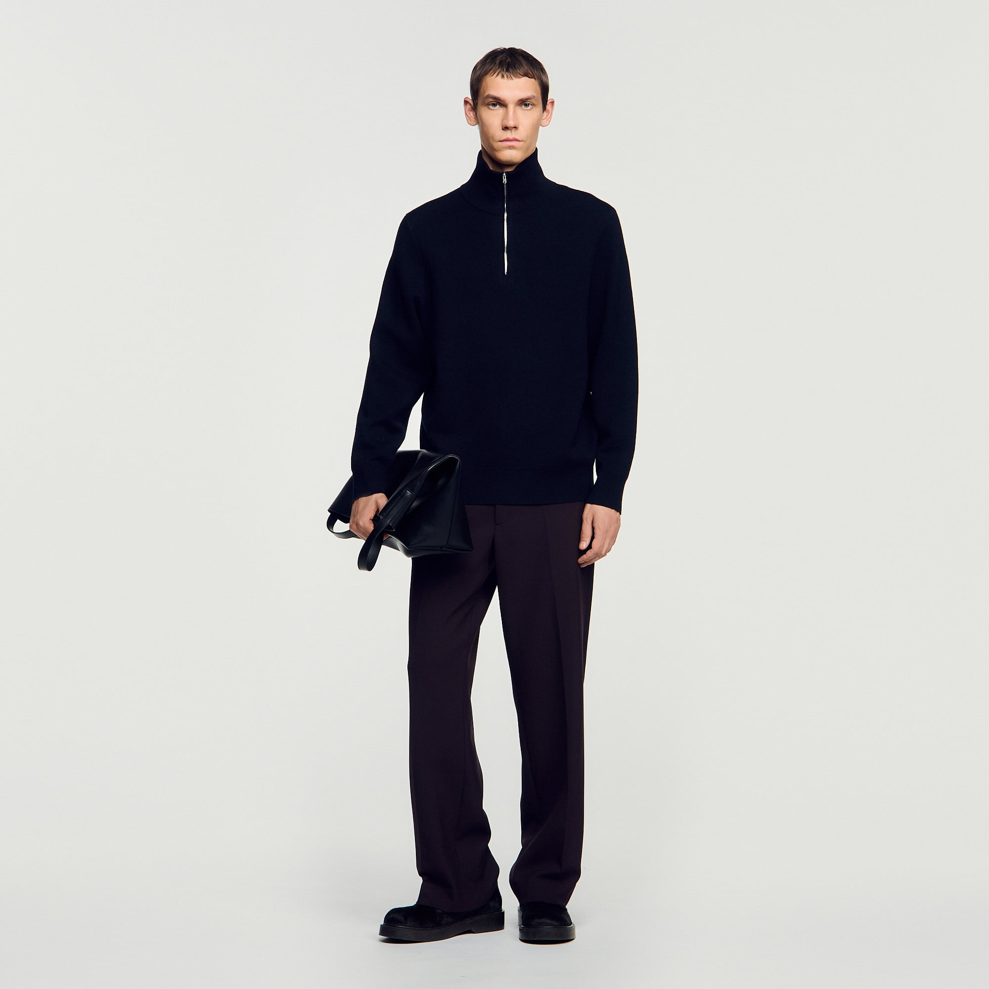 Boxy zip sweater with standing collar
