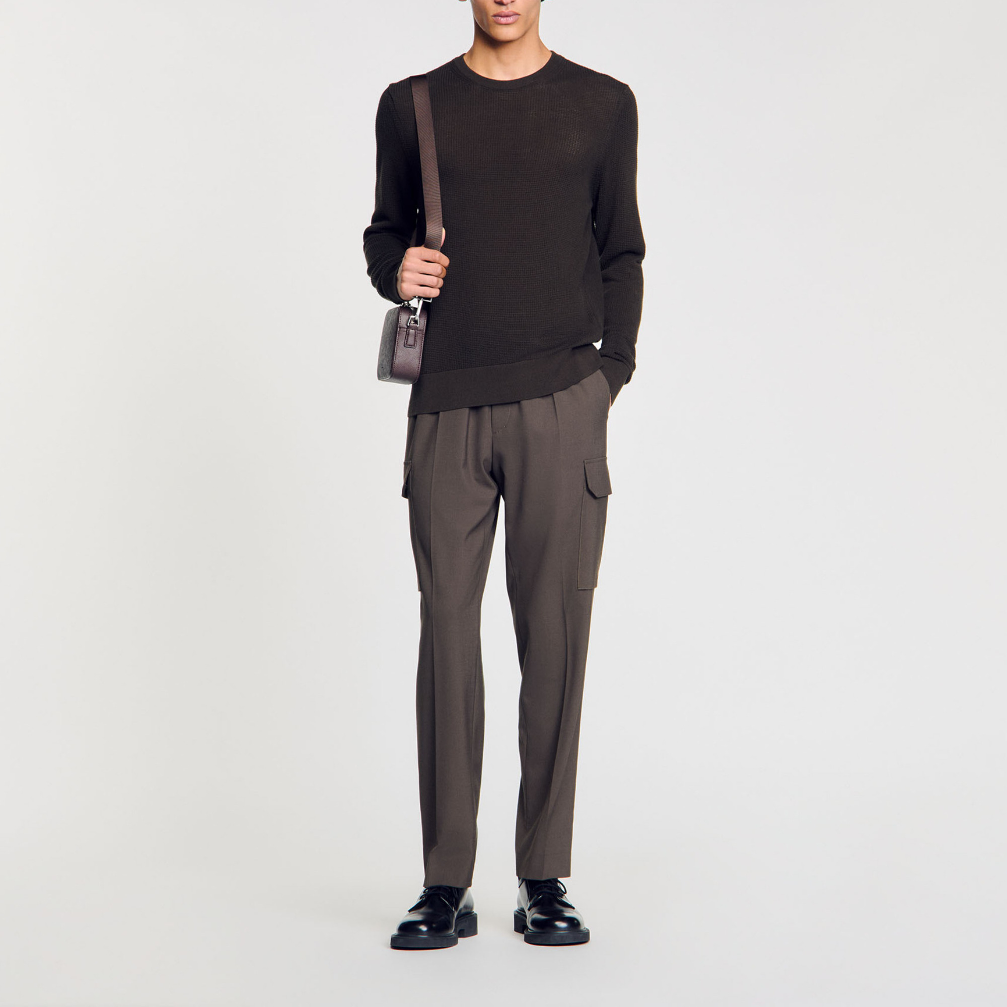 Sandro cotton Rice-stitch textured knit sweater with round neck and long sleeves